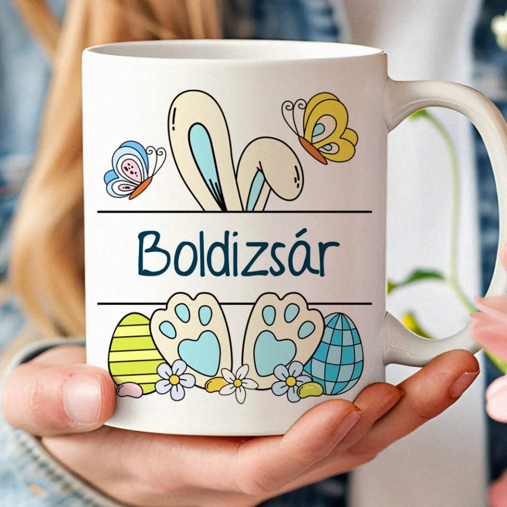 Nyuszi mintás ajándék bögre kisfiúknak egyedi névvel