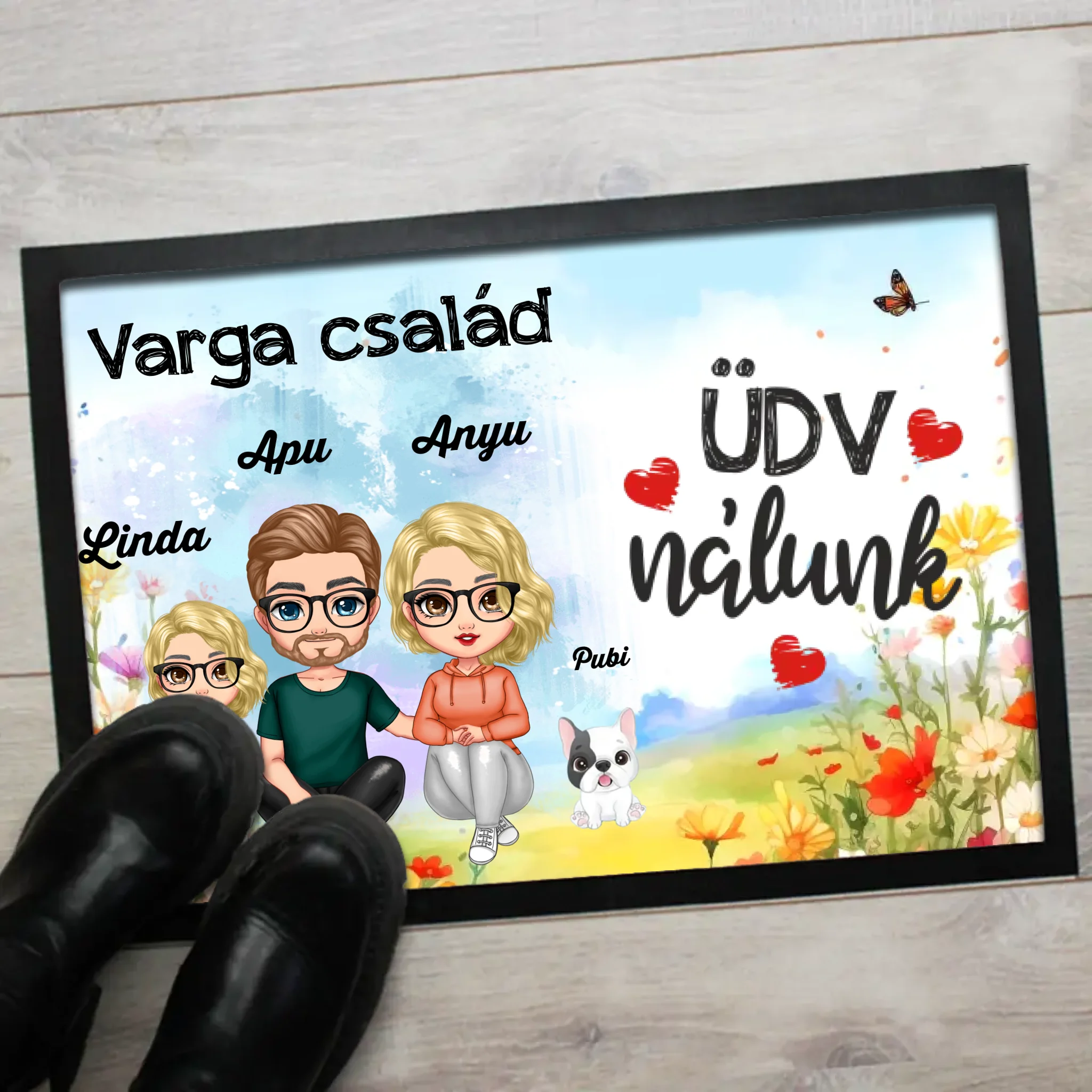 Szerkeszthető család karakteres lábtörlő virágos mintával és kutyával