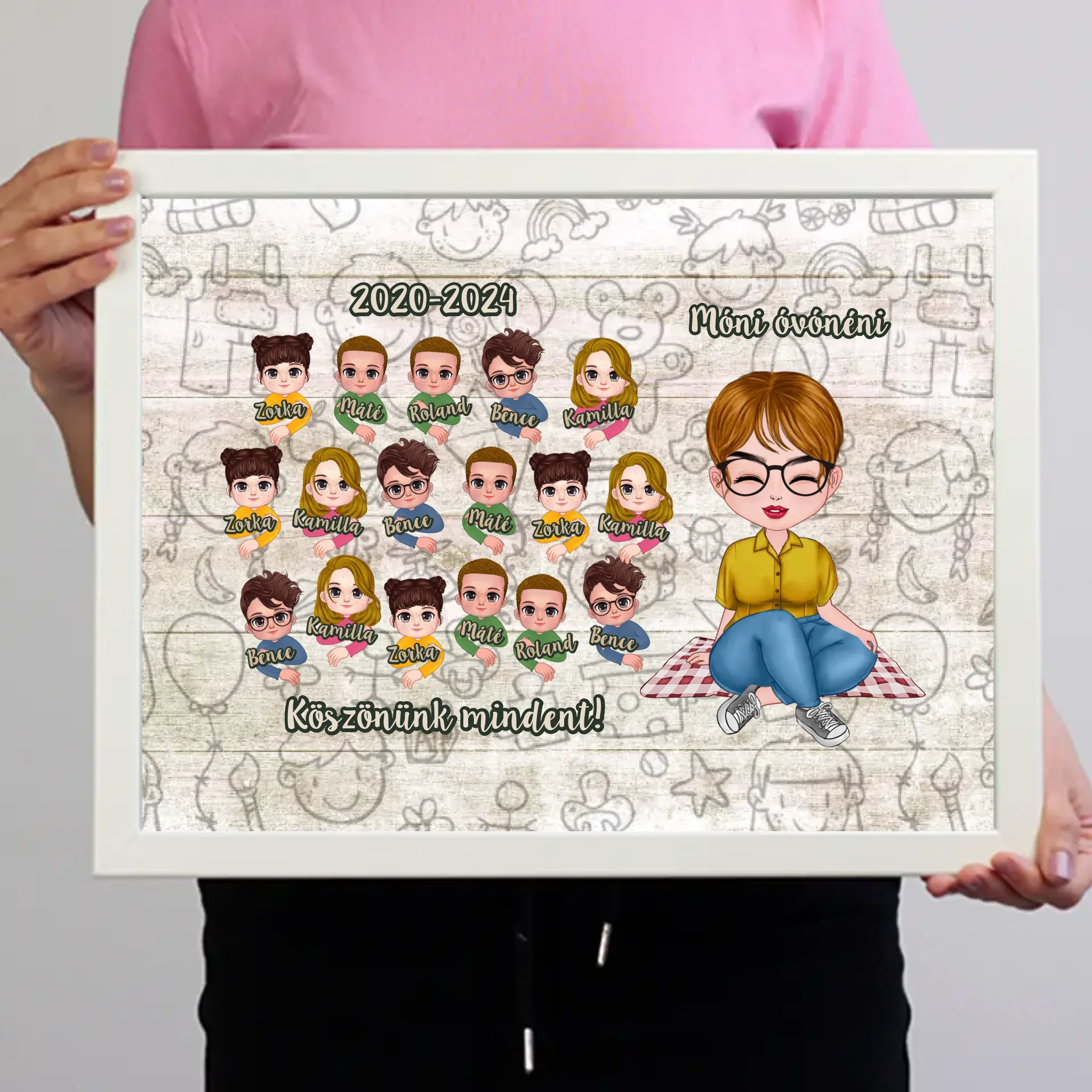 Pedagógus napi köszönőajándék - egyedi falikép keretben szerkeszthető karakterekkel