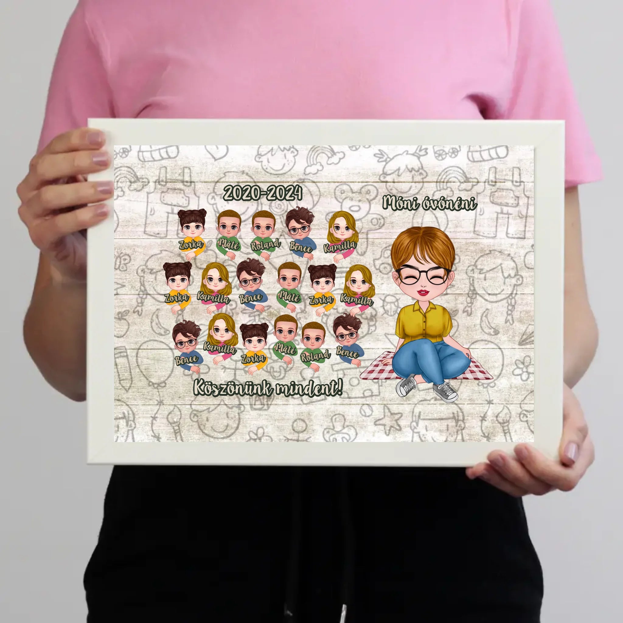 Pedagógus napi köszönőajándék - egyedi falikép keretben szerkeszthető karakterekkel