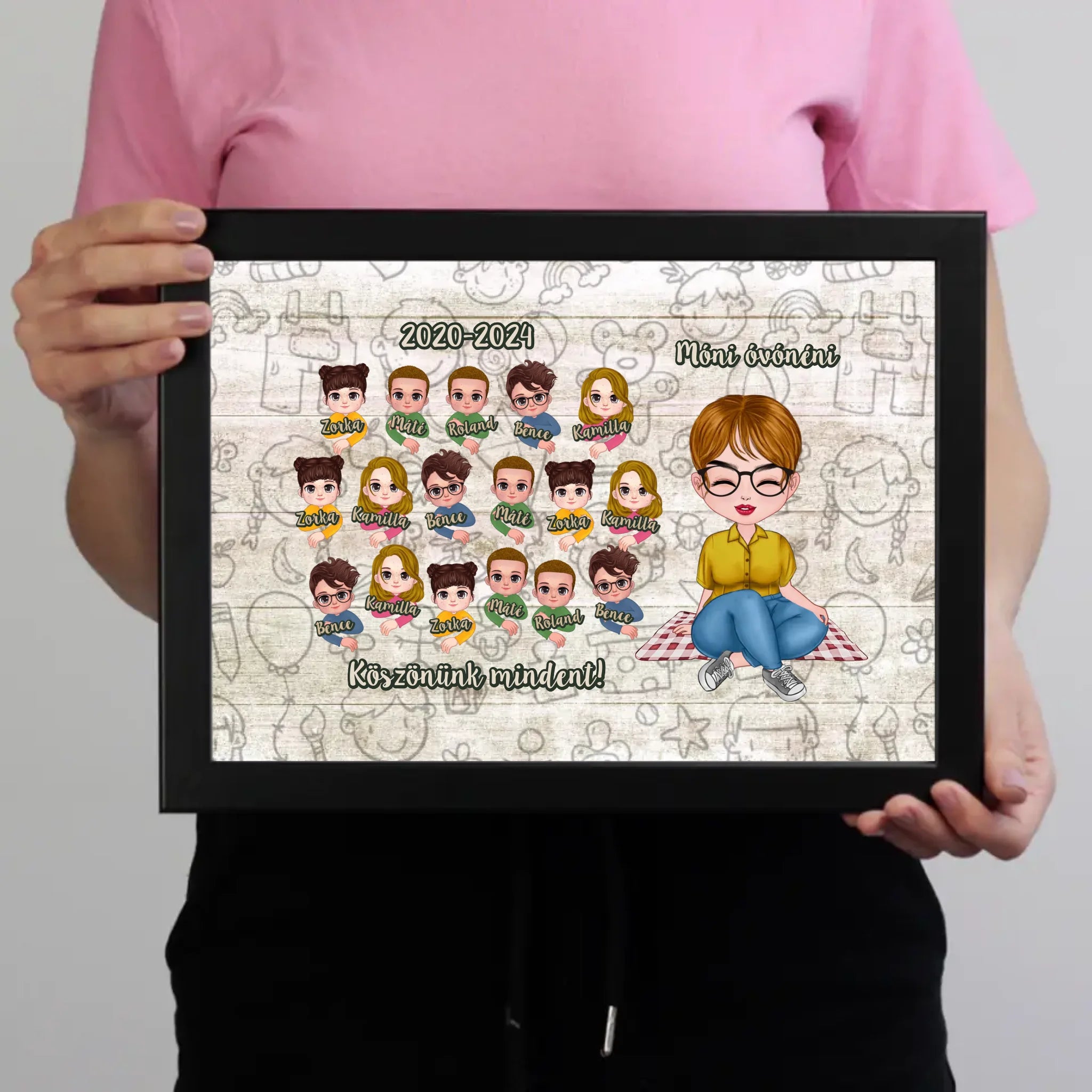 Pedagógus napi köszönőajándék - egyedi falikép keretben szerkeszthető karakterekkel
