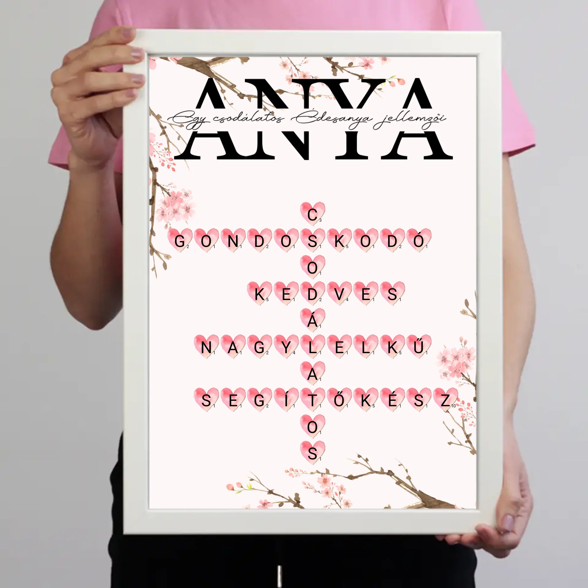 Egy csodálatos Édesanya jellemzői - Egyedi scrabble feliratos falikép Anyák napjára