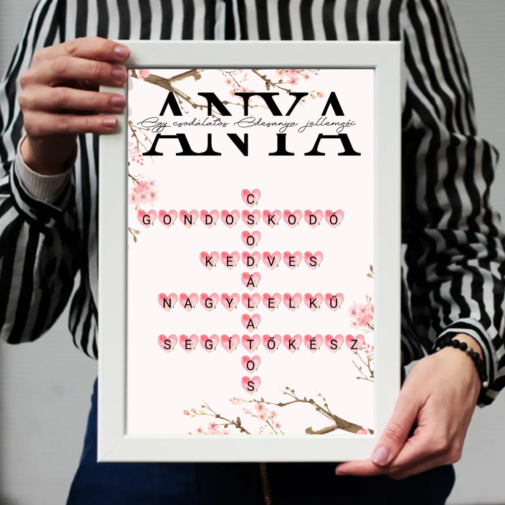 	 Egy csodálatos Édesanya jellemzői - Egyedi scrabble feliratos falikép Anyák napjára