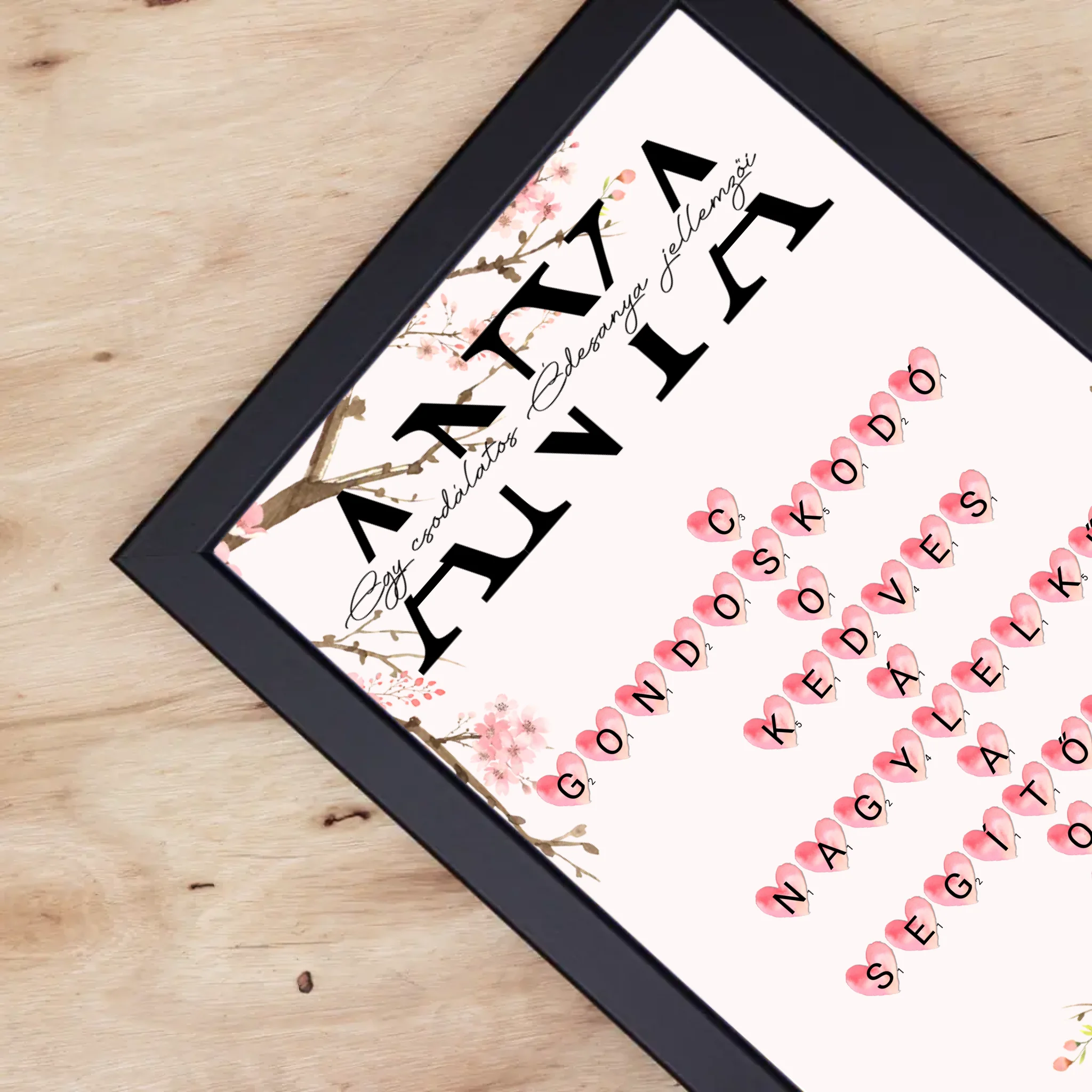 Egy csodálatos Édesanya jellemzői - Egyedi scrabble feliratos falikép Anyák napjára