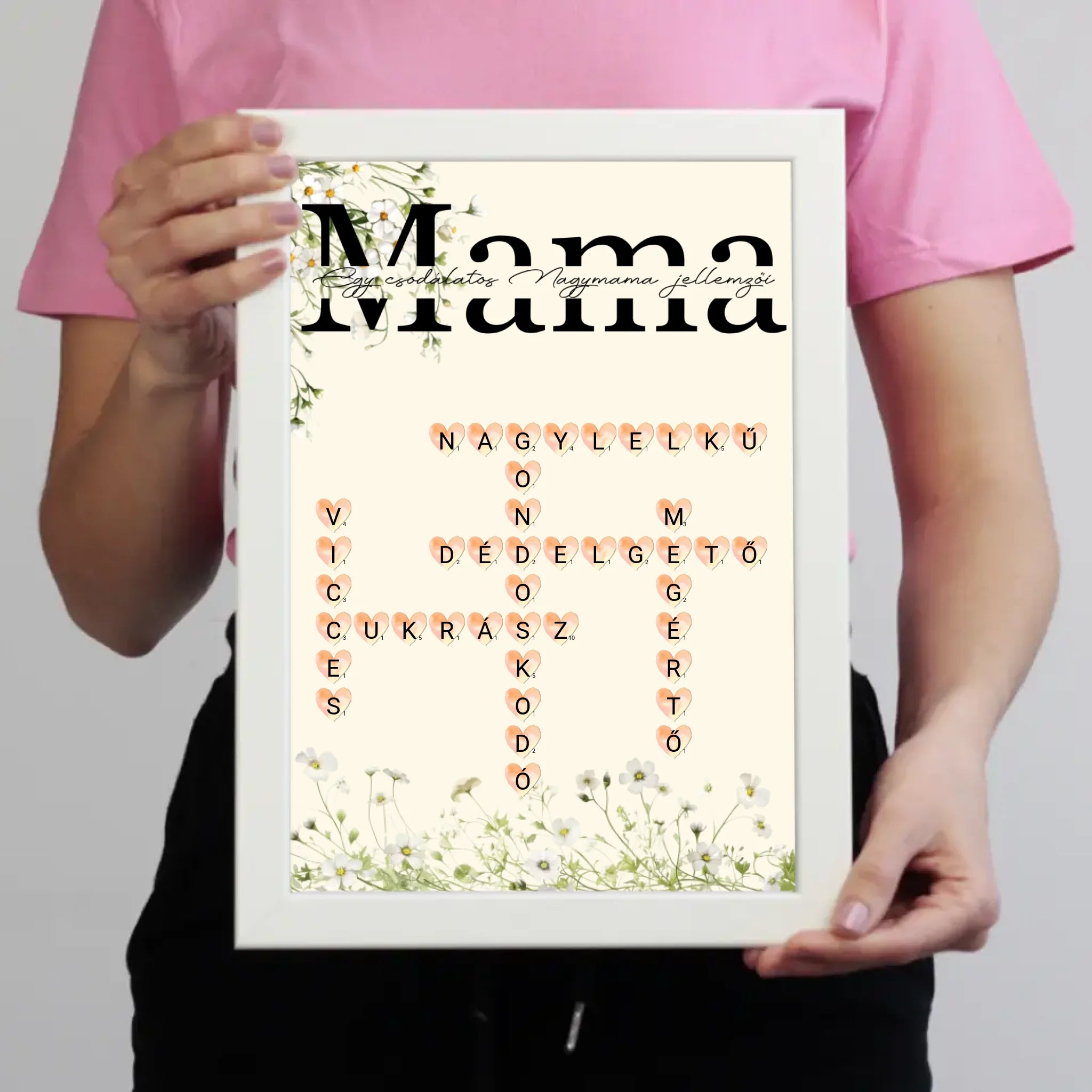 Egy csodálatos Nagymama jellemzői - Egyedi scrabble feliratos falikép Anyák napjára