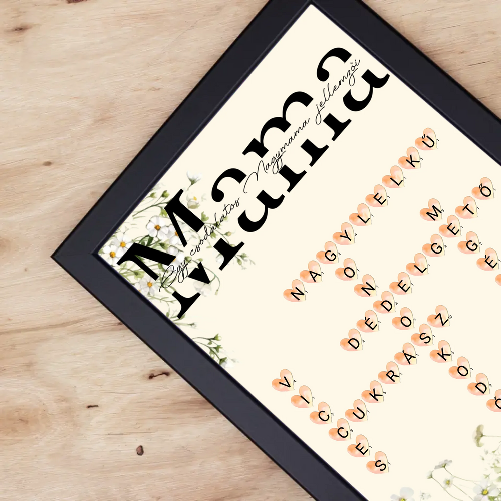Egy csodálatos Nagymama jellemzői - Egyedi scrabble feliratos falikép Anyák napjára