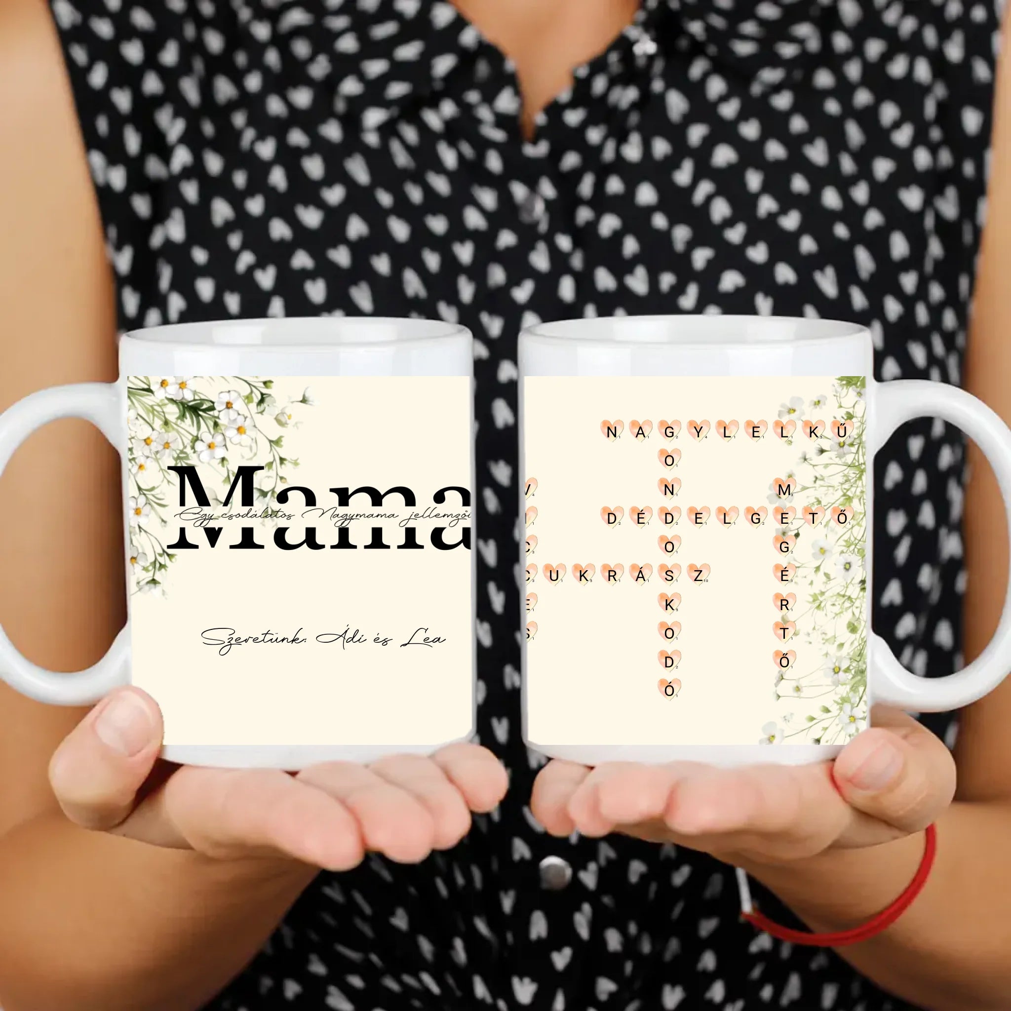 Egy csodálatos Nagymama jellemzői - Egyedi scrabble feliratos bögre Anyák napjára