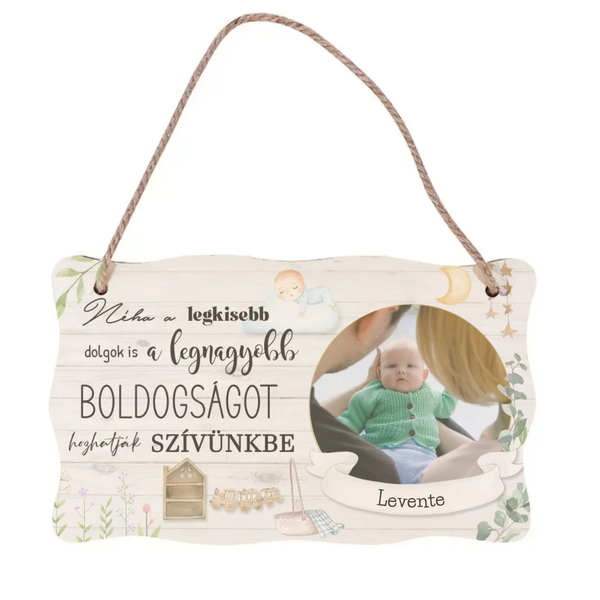 Újszülött köszöntő dísztábla kisfiú képpel