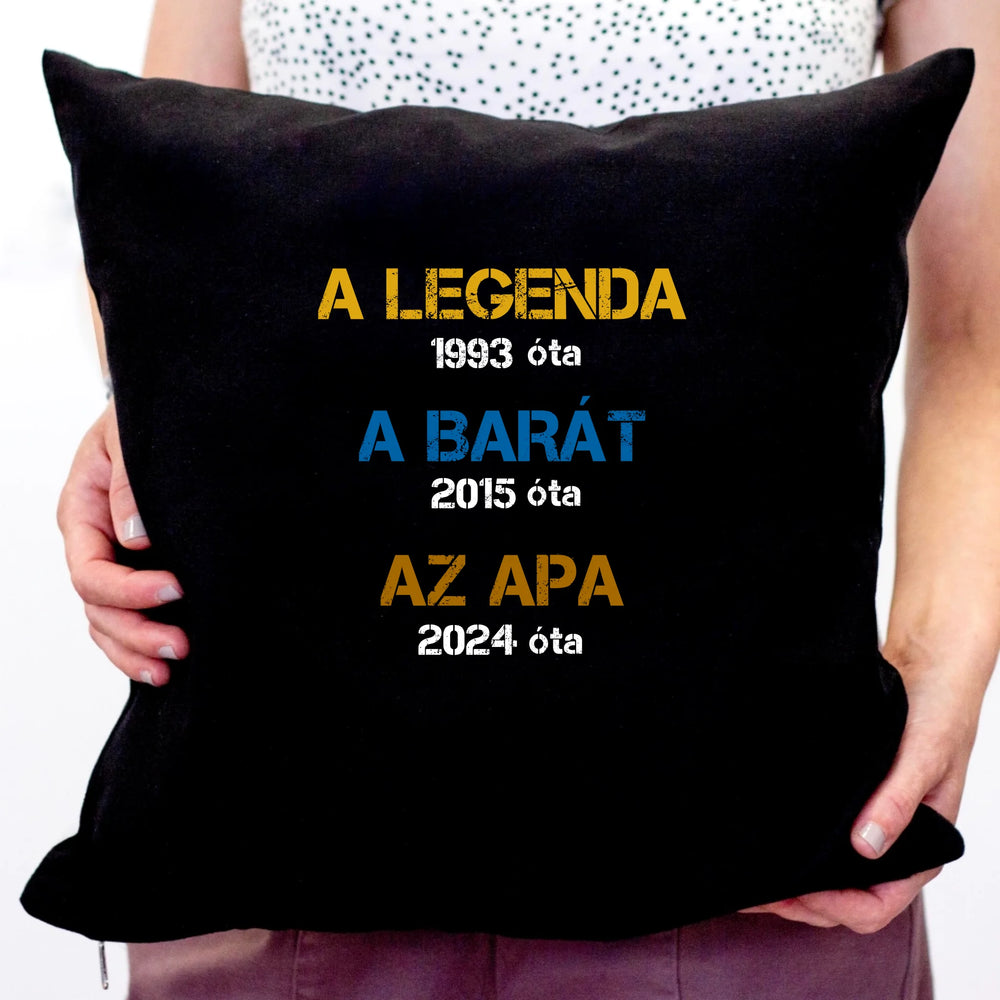 Egyedi évszámos ajándék apáknak A legenda, a barát, az apa fekete párna