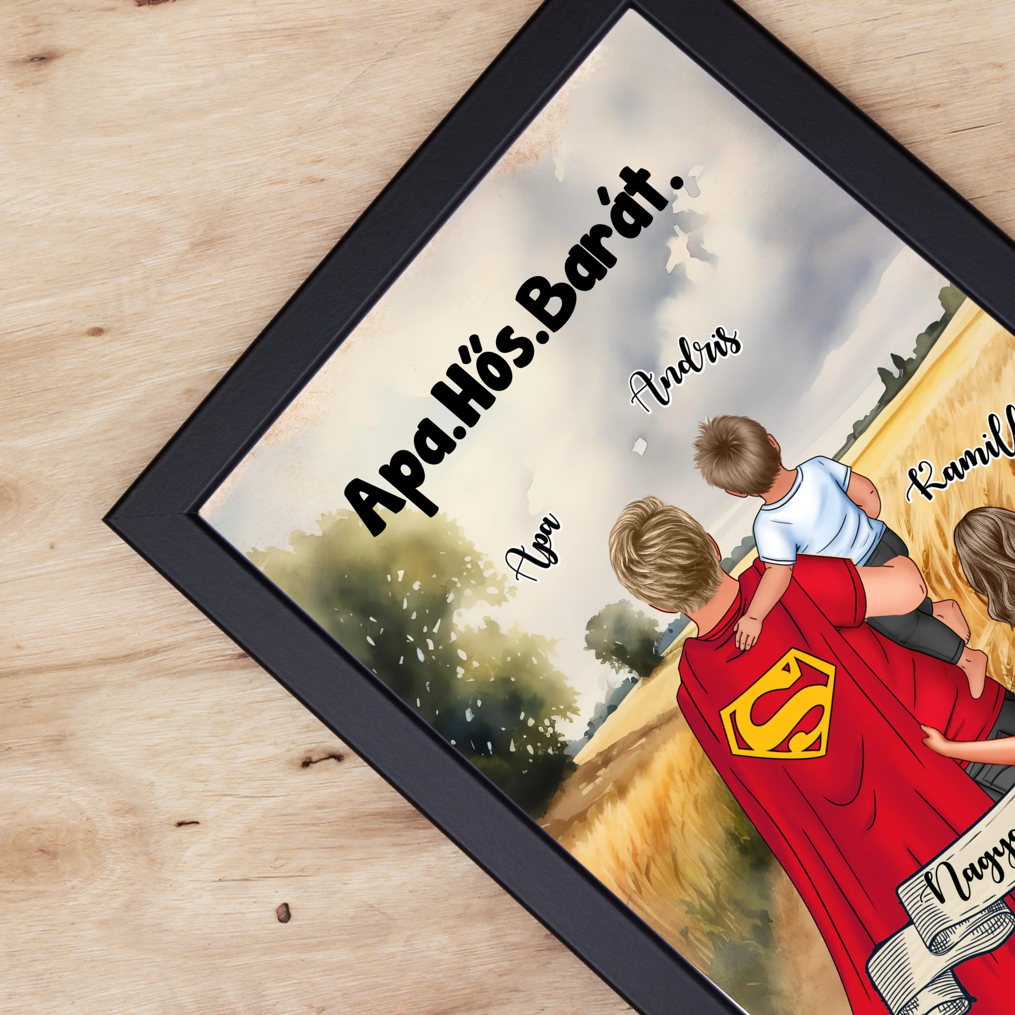 Ajándék Apáknak - Apa a mi hősünk szerkeszthető karakteres egyedi falikép