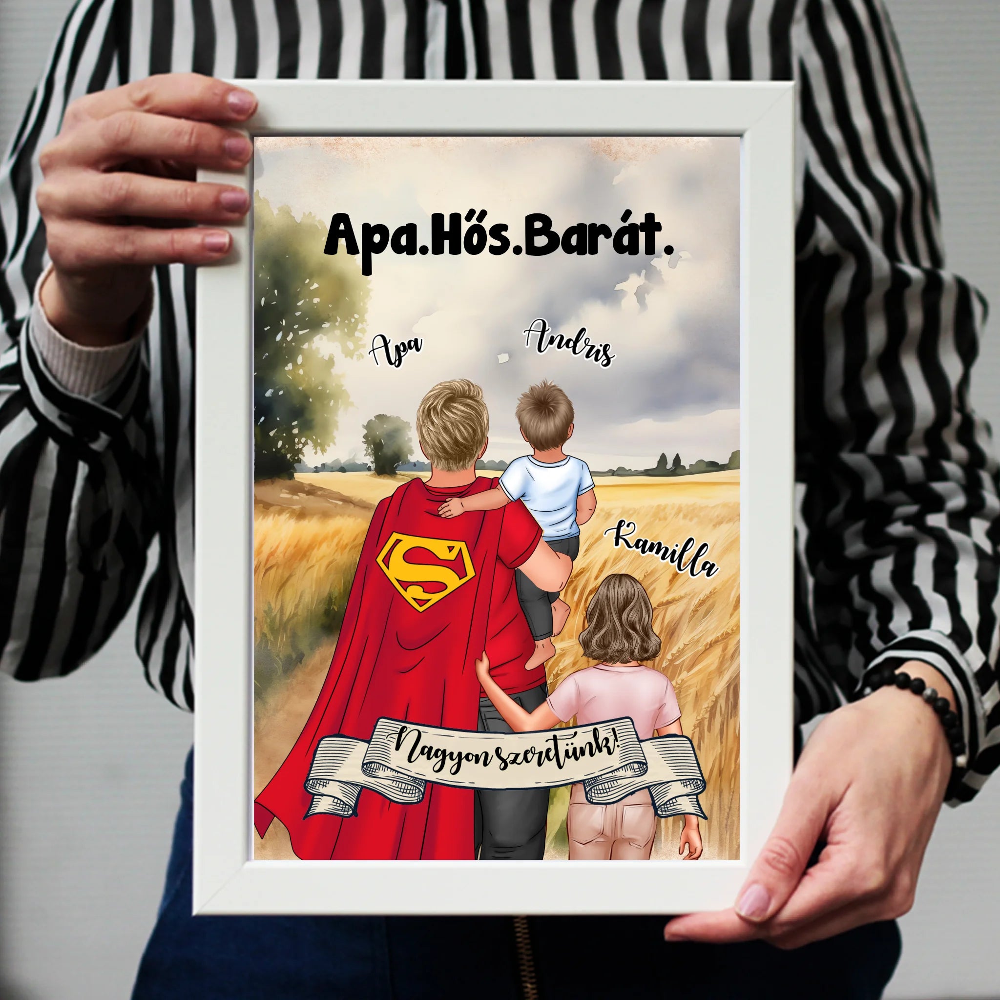 Ajándék Apáknak - Apa a mi hősünk szerkeszthető karakteres egyedi falikép