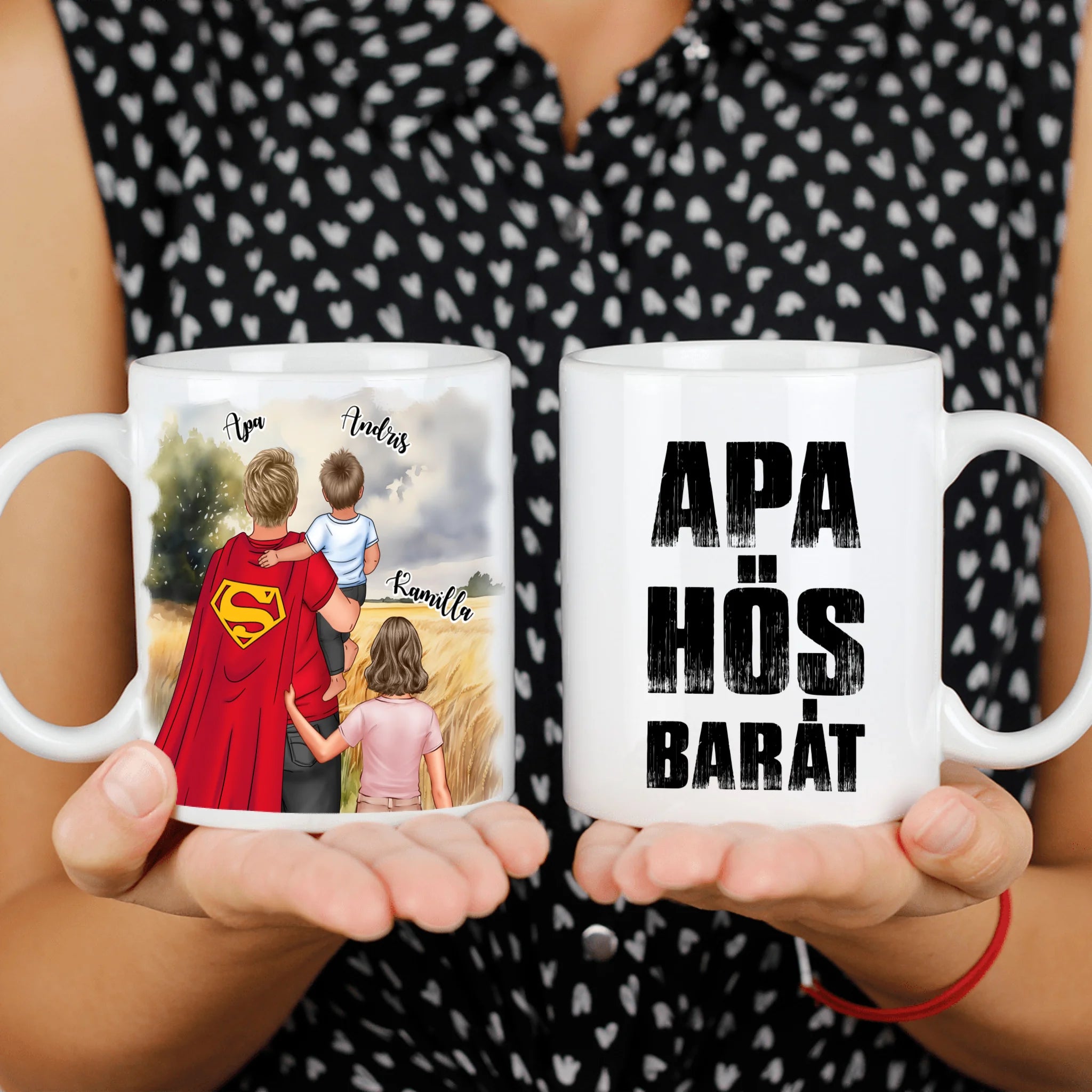 Ajándék Apáknak - Apa a mi hősünk szerkeszthető karakteres egyedi bögre