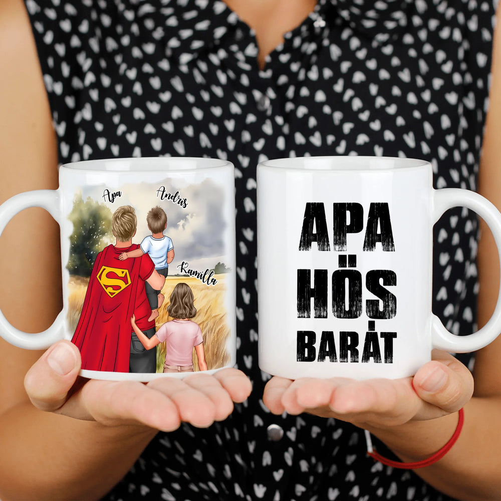Ajándék Apáknak - Apa a mi hősünk szerkeszthető karakteres egyedi bögre