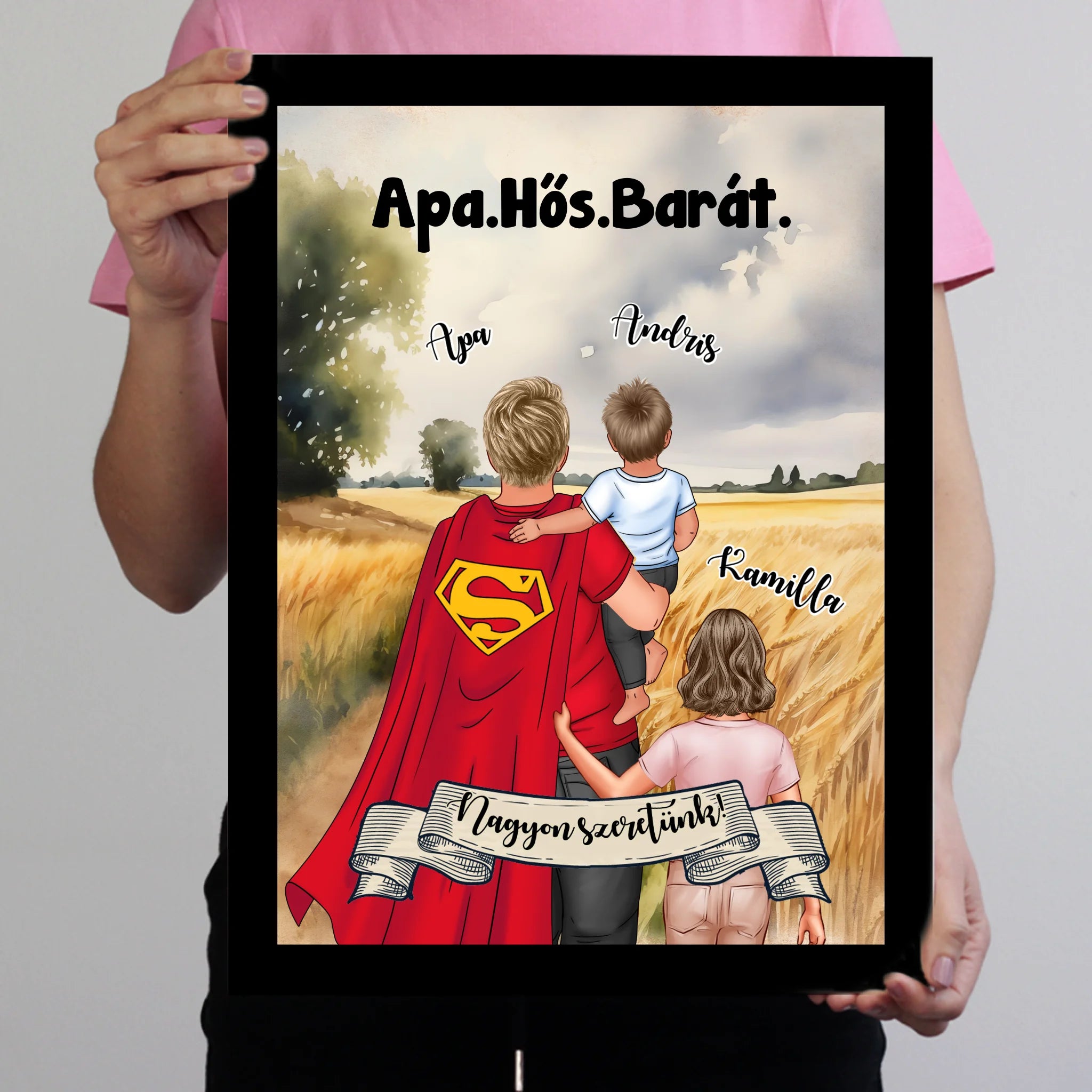 Ajándék Apáknak - Apa a mi hősünk szerkeszthető karakteres egyedi falikép