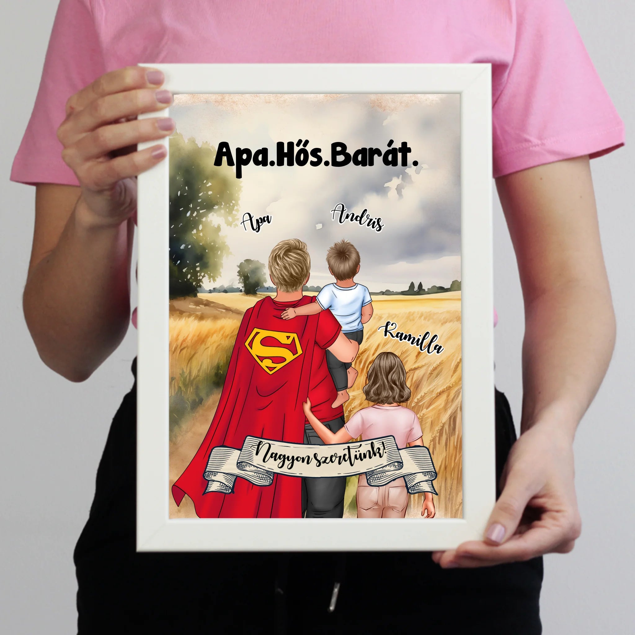 Ajándék Apáknak - Apa a mi hősünk szerkeszthető karakteres egyedi falikép