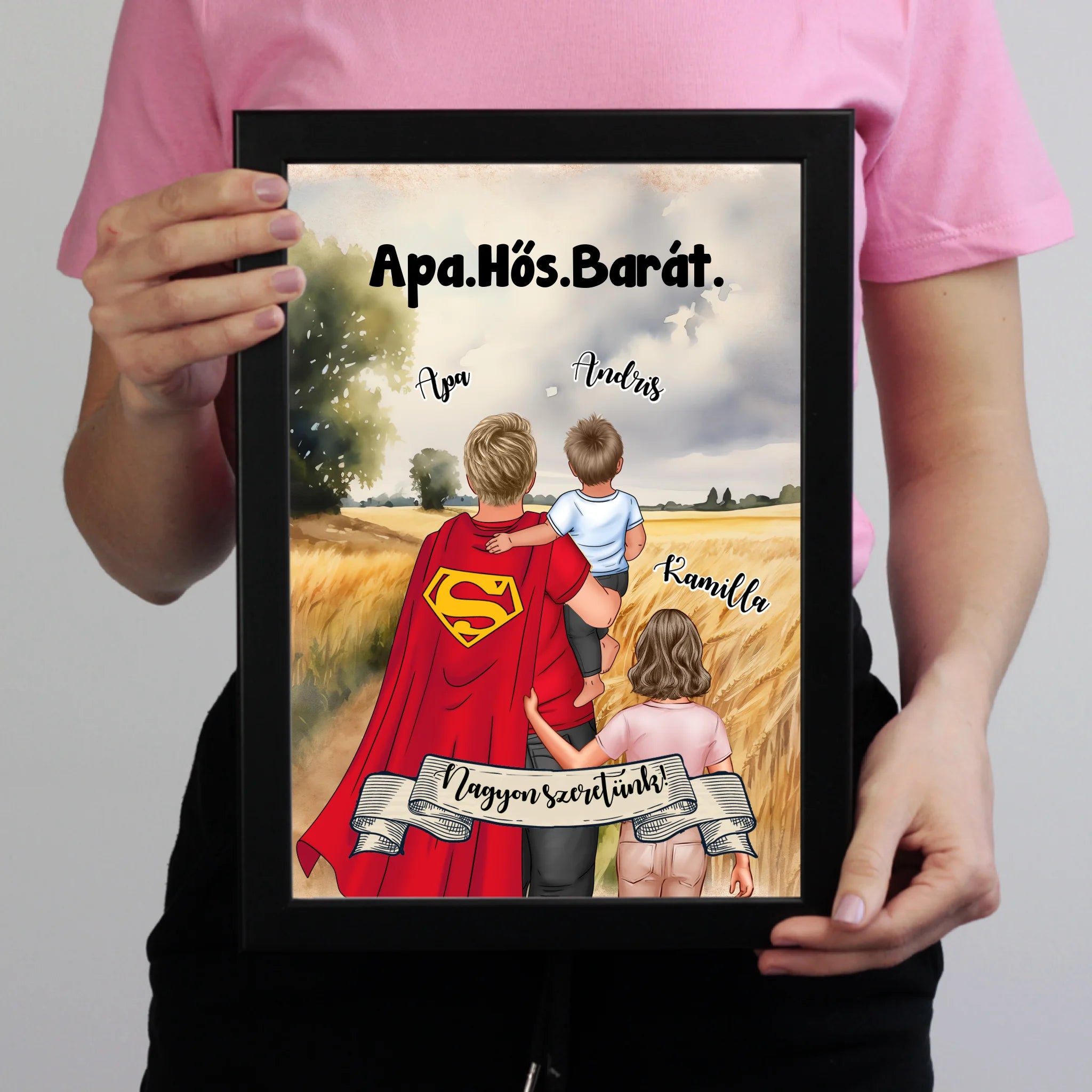 Ajándék Apáknak - Apa a mi hősünk szerkeszthető karakteres egyedi falikép