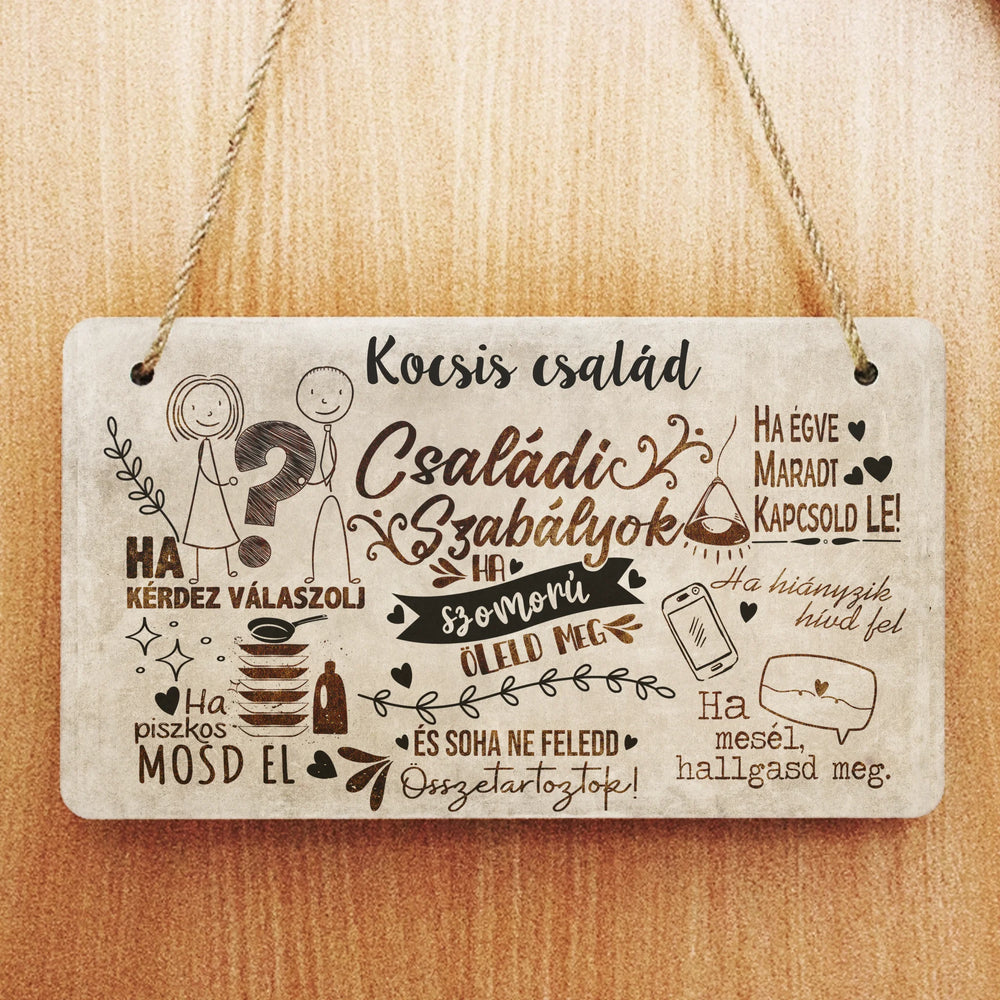 Családi szabályok ajtódísz fali dekor tábla egyedi névvel