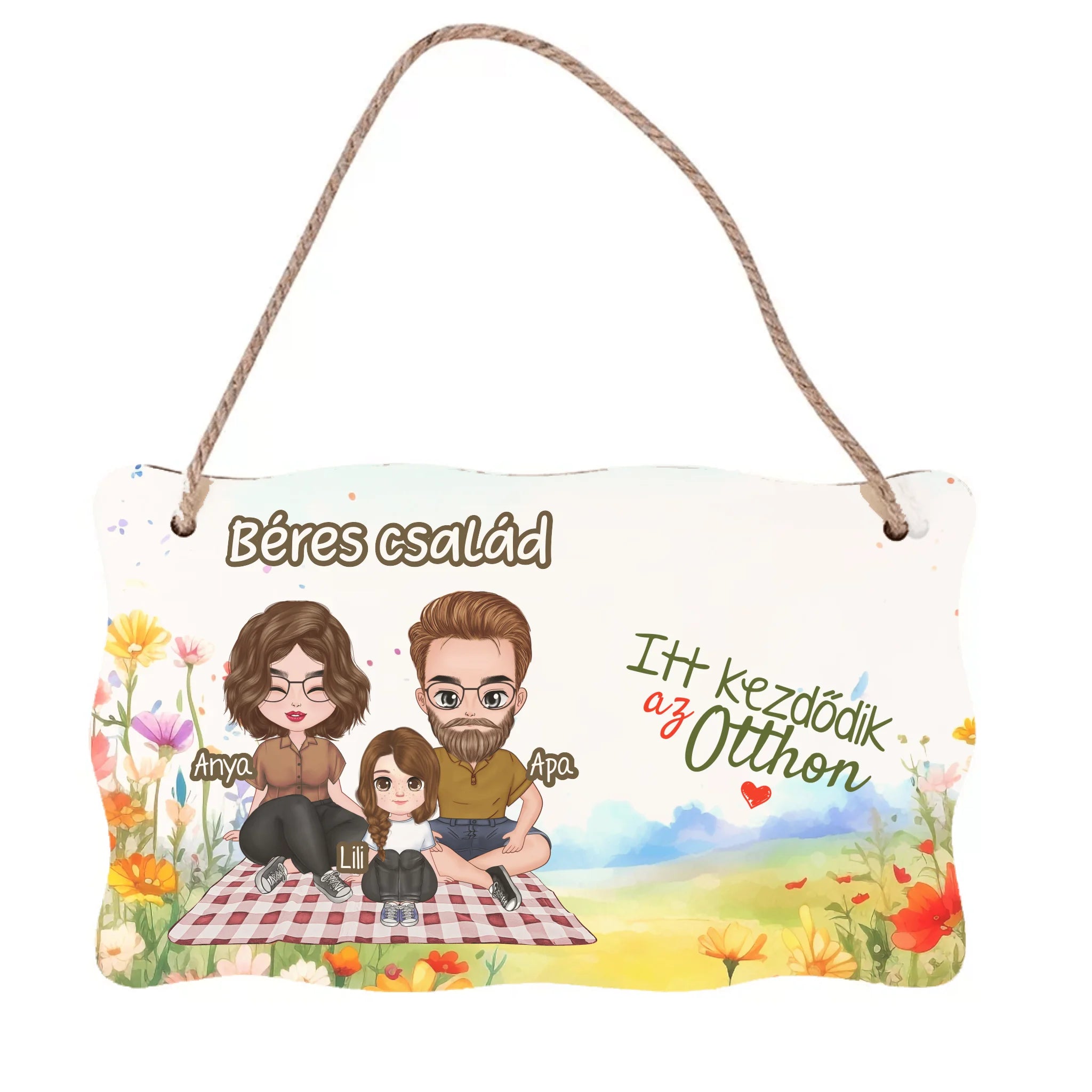 Ajtó kopogtató fa dísztábla szerkeszthető család karakterekkel