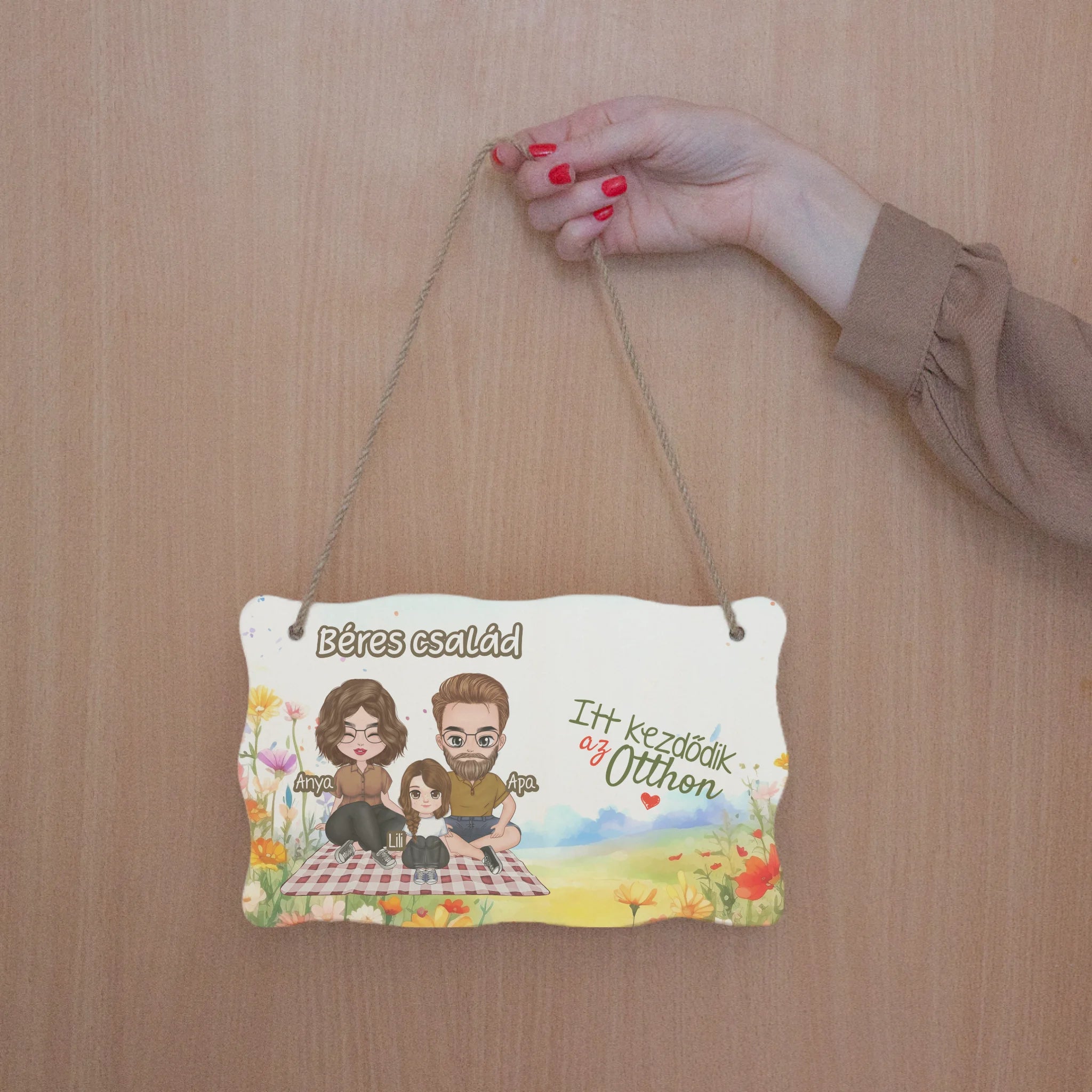 Ajtó kopogtató fa dísztábla szerkeszthető család karakterekkel
