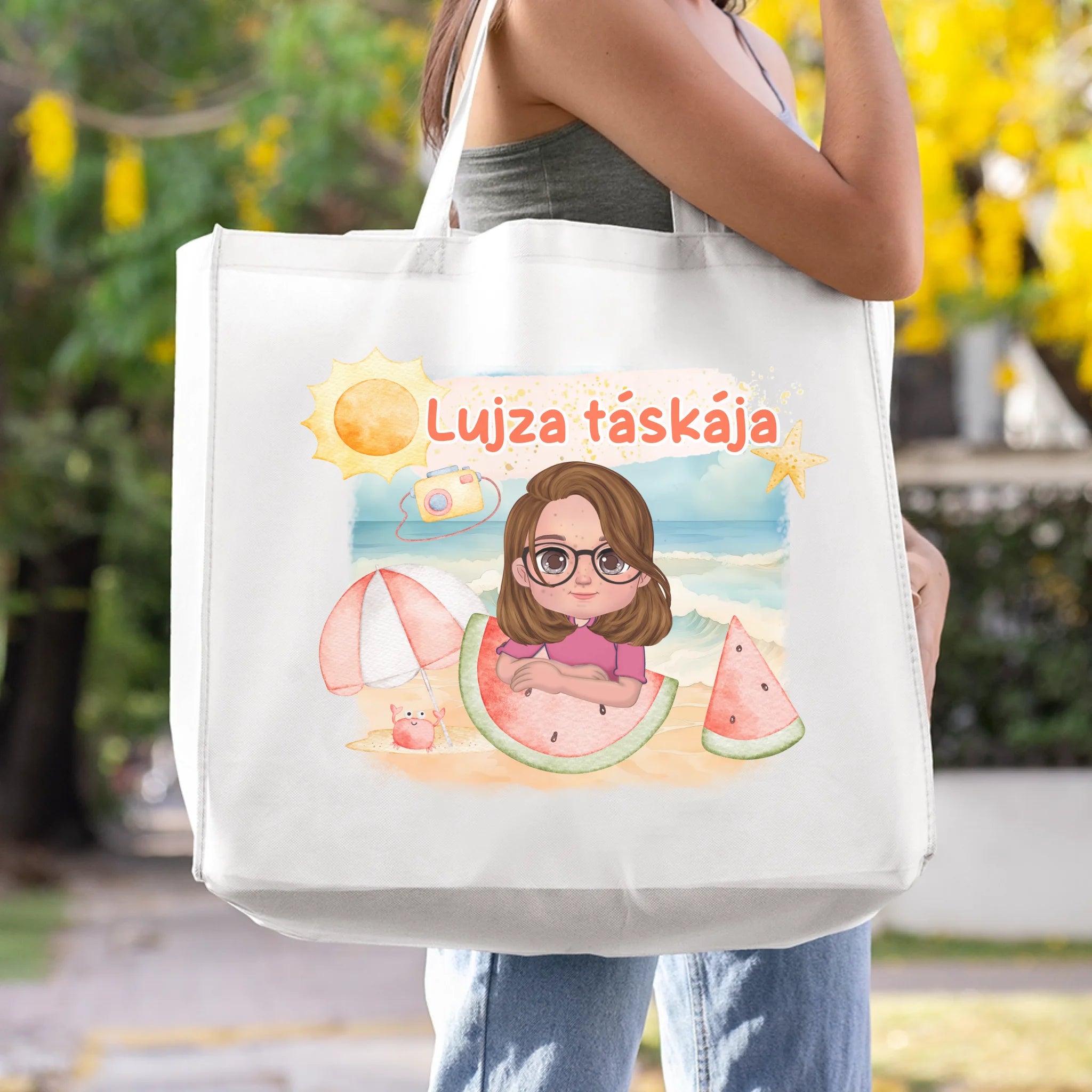 Szerkeszthető karakteres -Feliratos ajándék nagyméretű strandtáska gyerekeknek