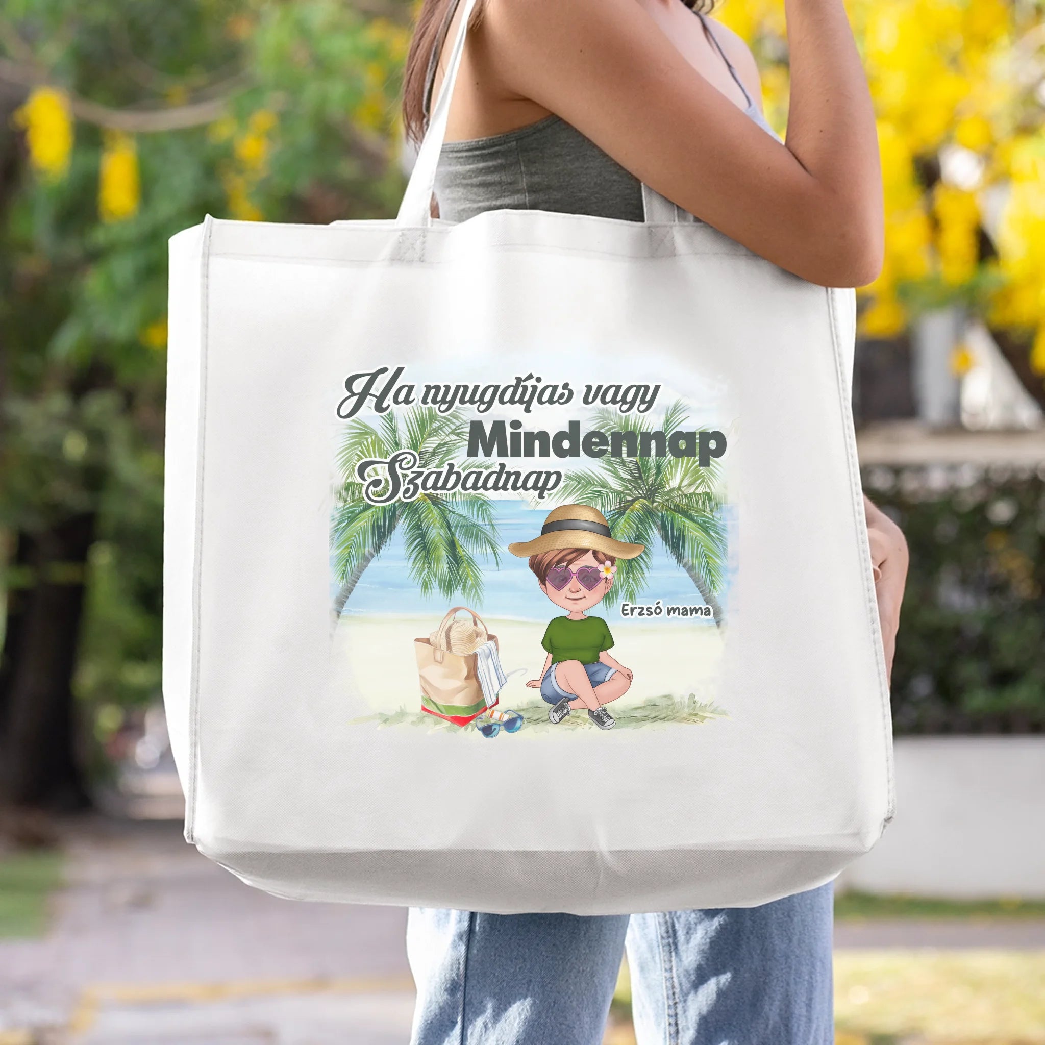 Mindennap szabadnap - Nagyméretű strandtáska szerkeszthető karakterrel nyugdíjasoknak