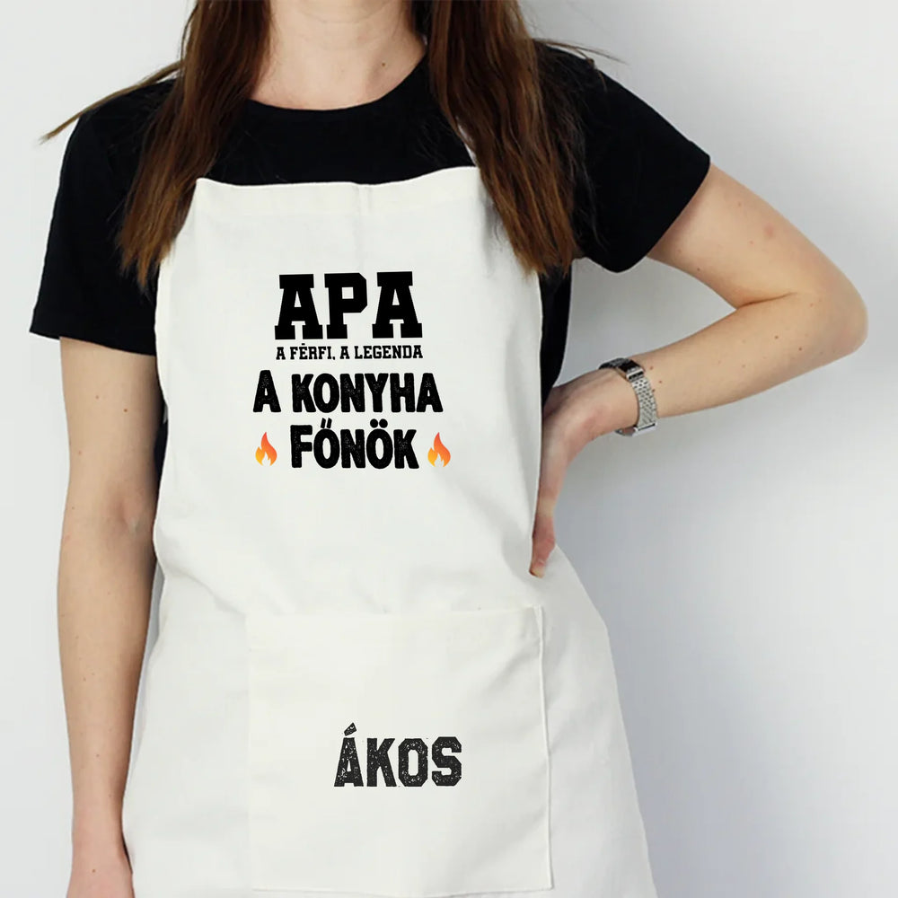 	 Az konyha Főnök - Feliratos bézs kötény egyedi névvel Apáknak