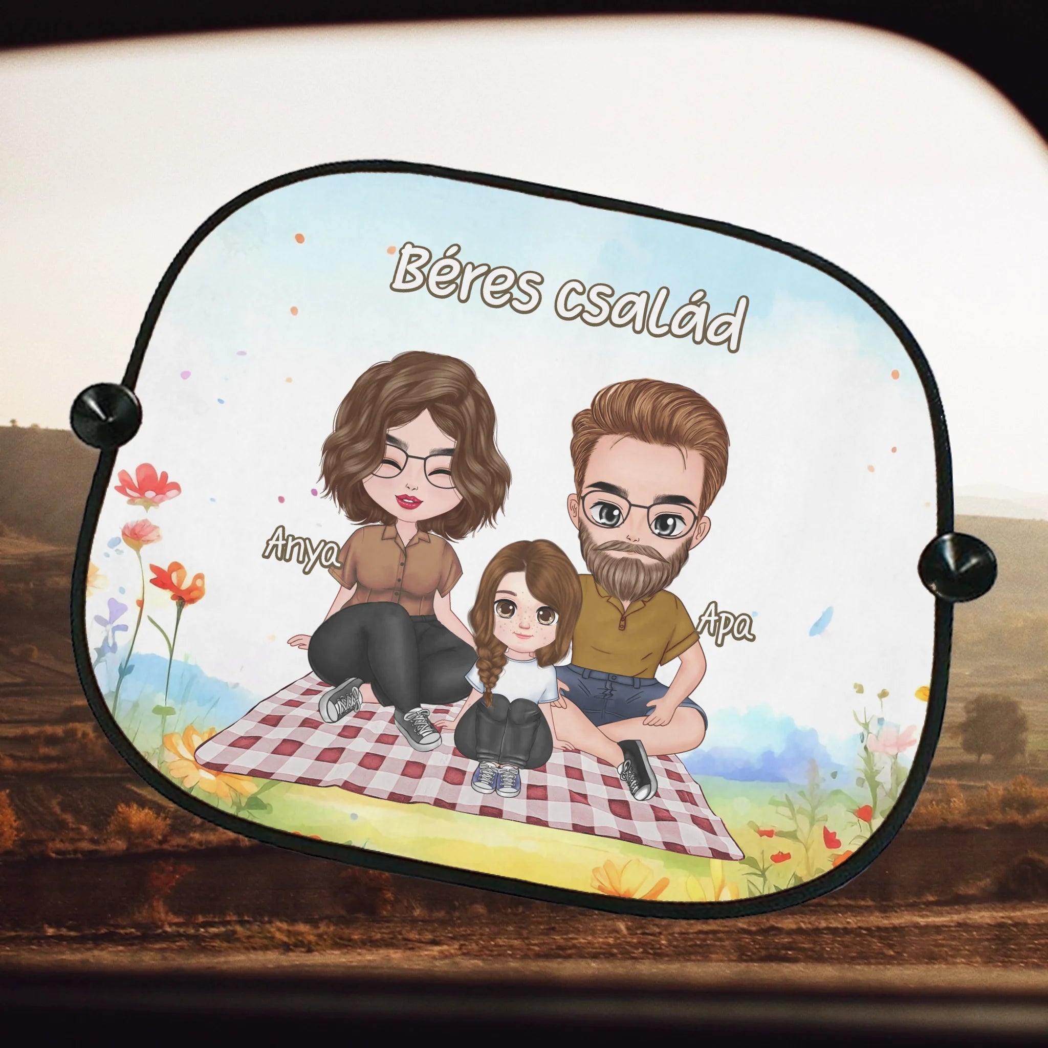 Szerkeszthető karakteres napellenző családoknak egyedi névvel