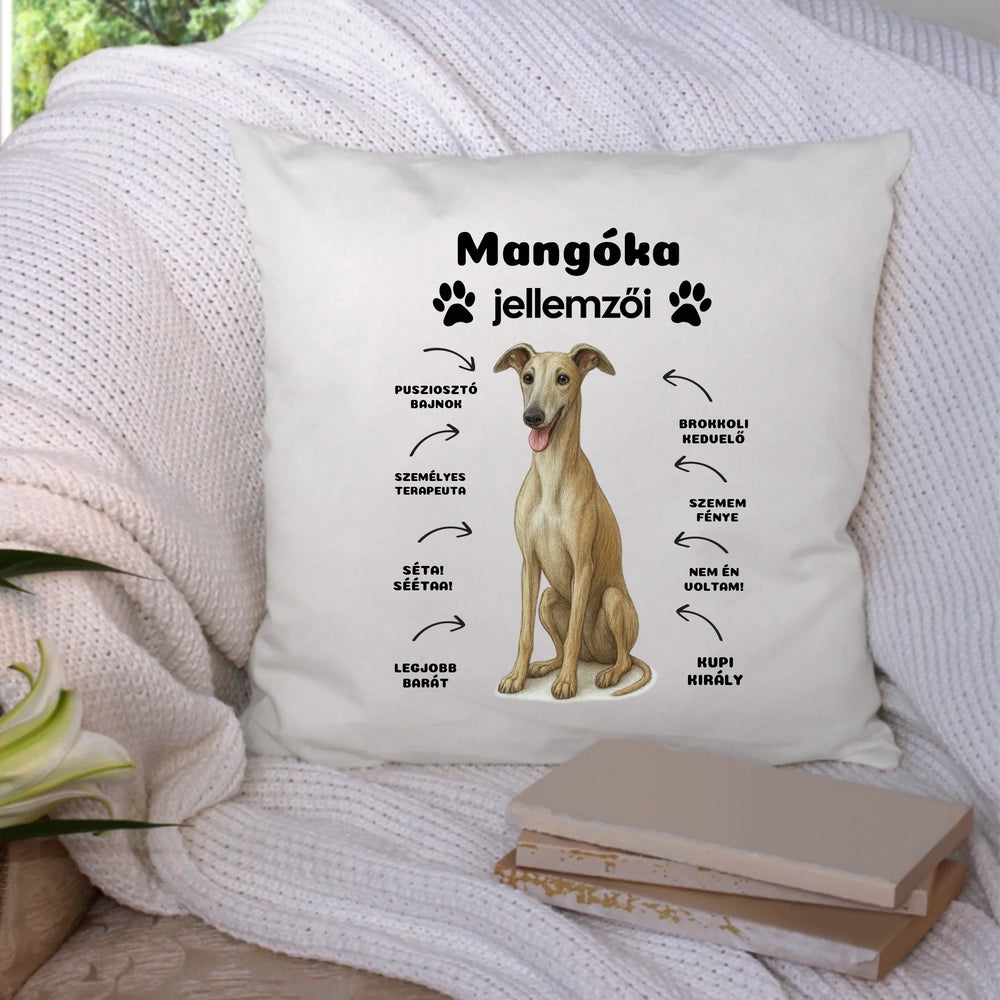 Az én kutyám jellemzői egyedi feliratokkal párna