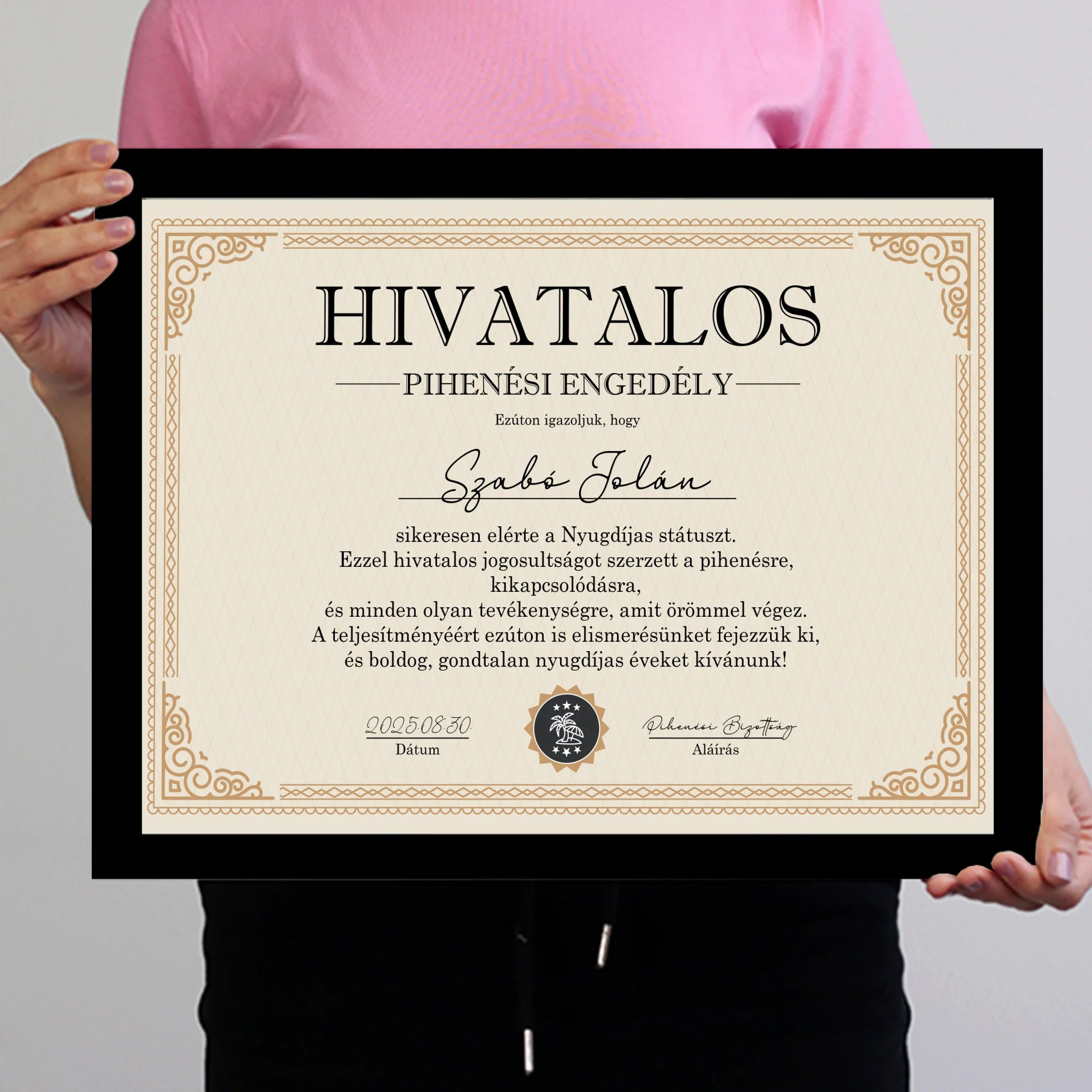 Hivatalos Pihenési Engedély - személyre szabható ajándék falikép nyugdíjasoknak 