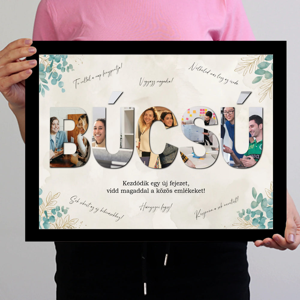 Egyedi búcsúajándék kollégának - fotómontázs felirattal és aláírásokkal falikép