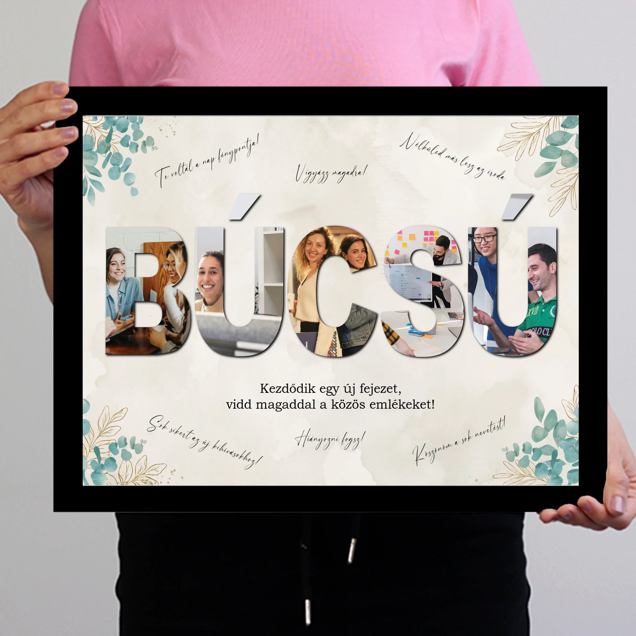 Egyedi búcsúajándék kollégának - fotómontázs felirattal és aláírásokkal falikép