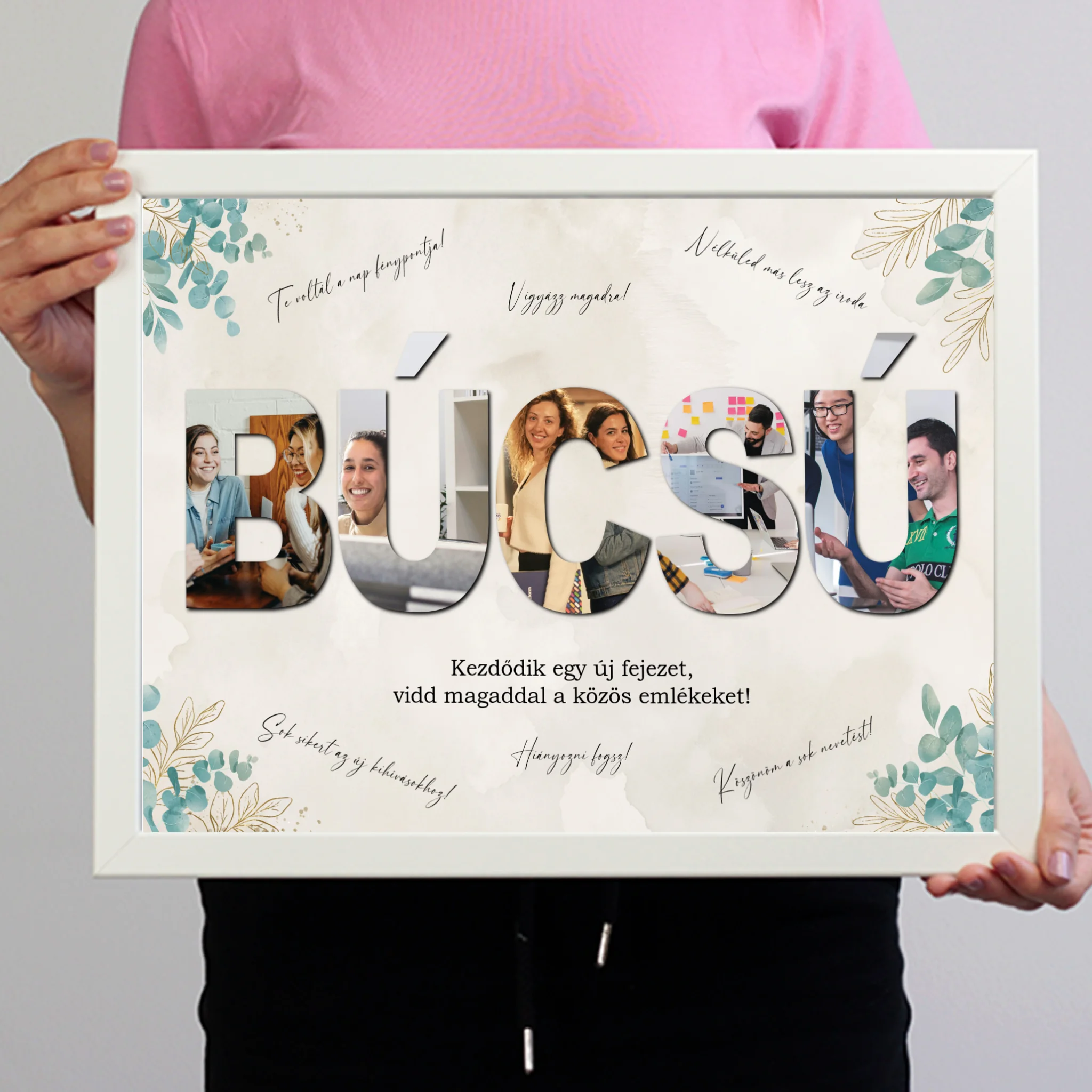 Egyedi búcsúajándék kollégának - fotómontázs felirattal és aláírásokkal falikép