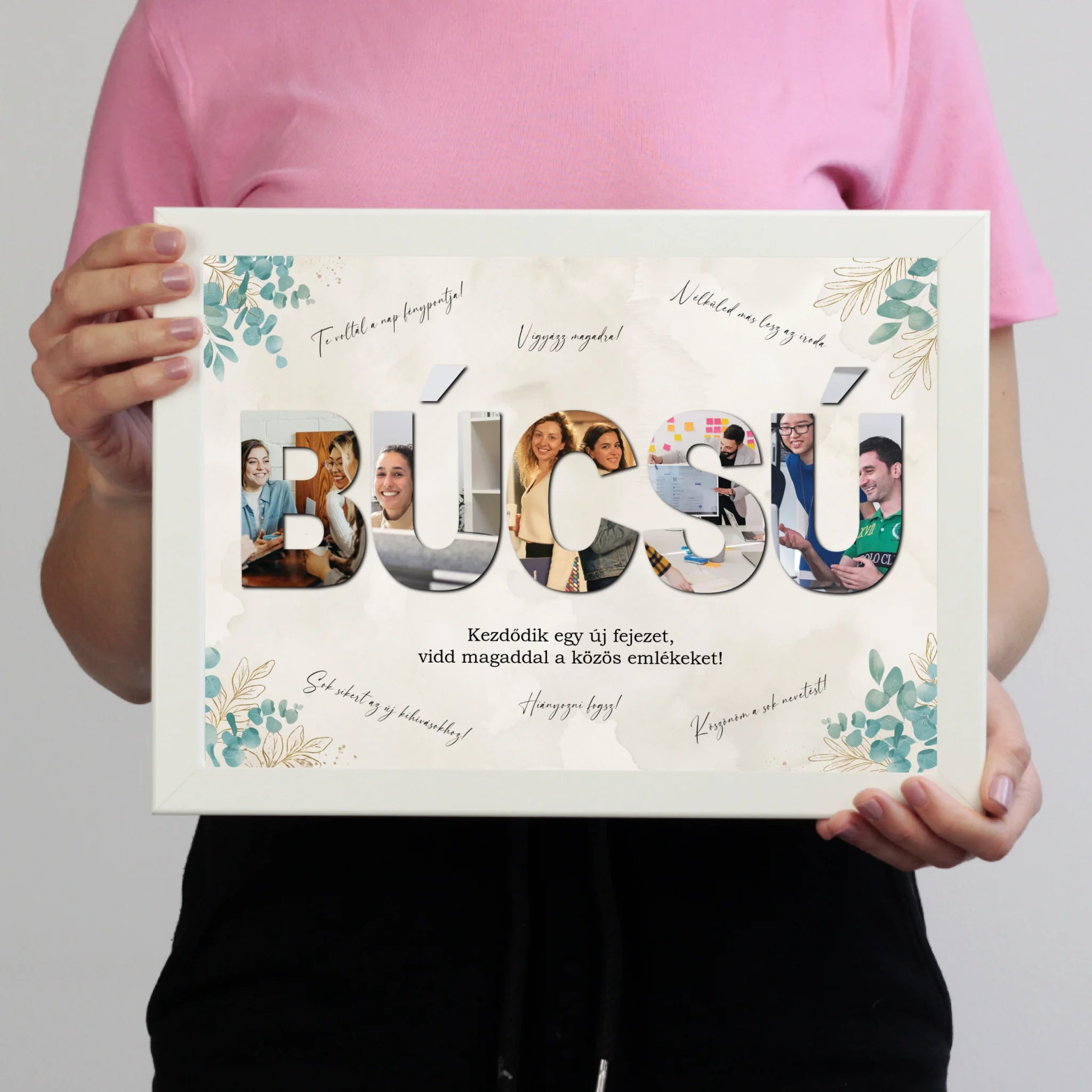 Egyedi búcsúajándék kollégának - fotómontázs felirattal és aláírásokkal falikép
