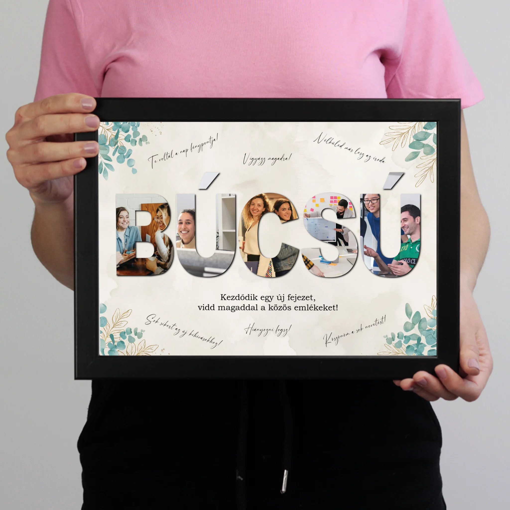 Egyedi búcsúajándék kollégának - fotómontázs felirattal és aláírásokkal falikép