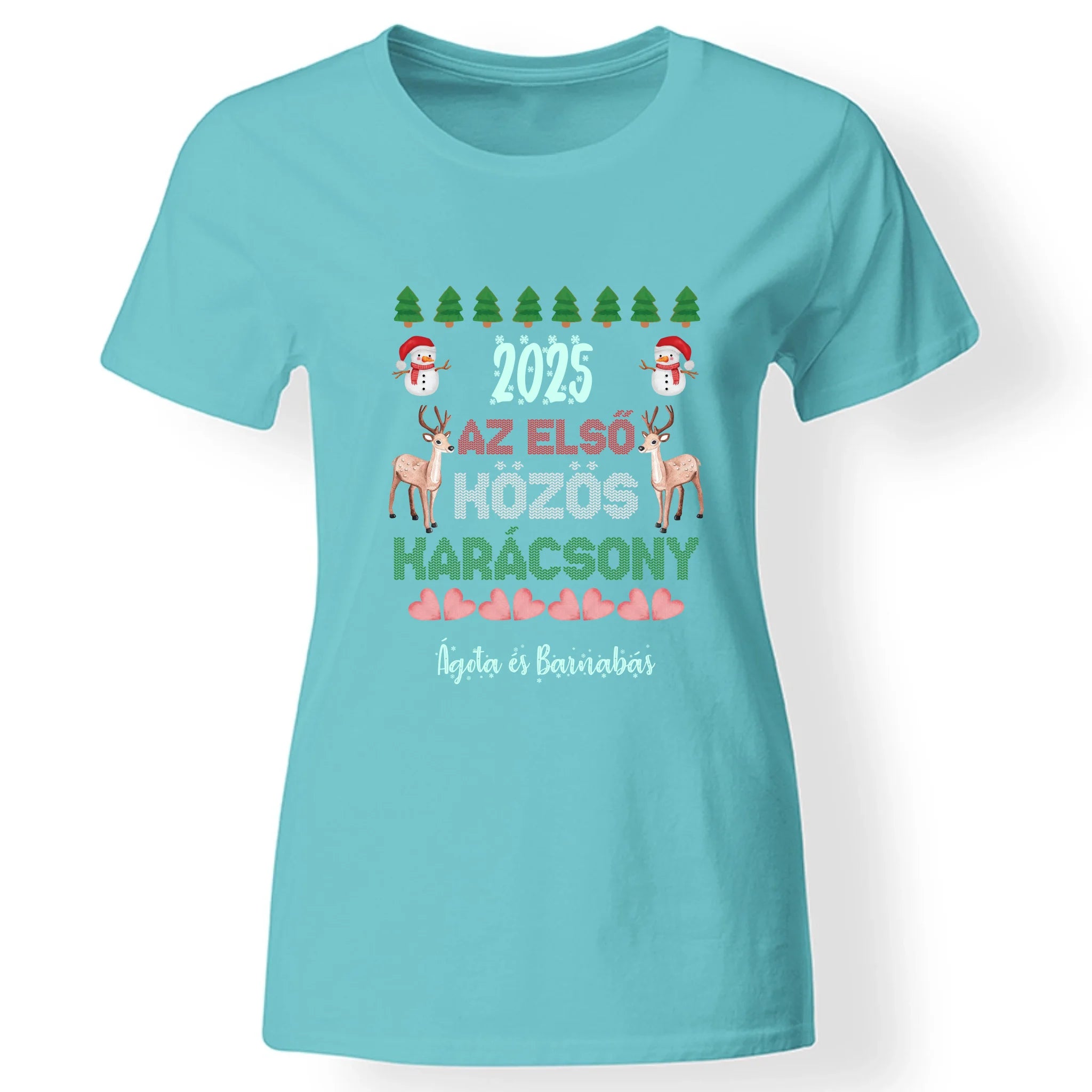 Az első közös karácsony szerkeszthető dátummal és névvel páros női póló