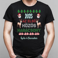 Az első közös karácsony szerkeszthető dátummal és névvel páros férfi póló