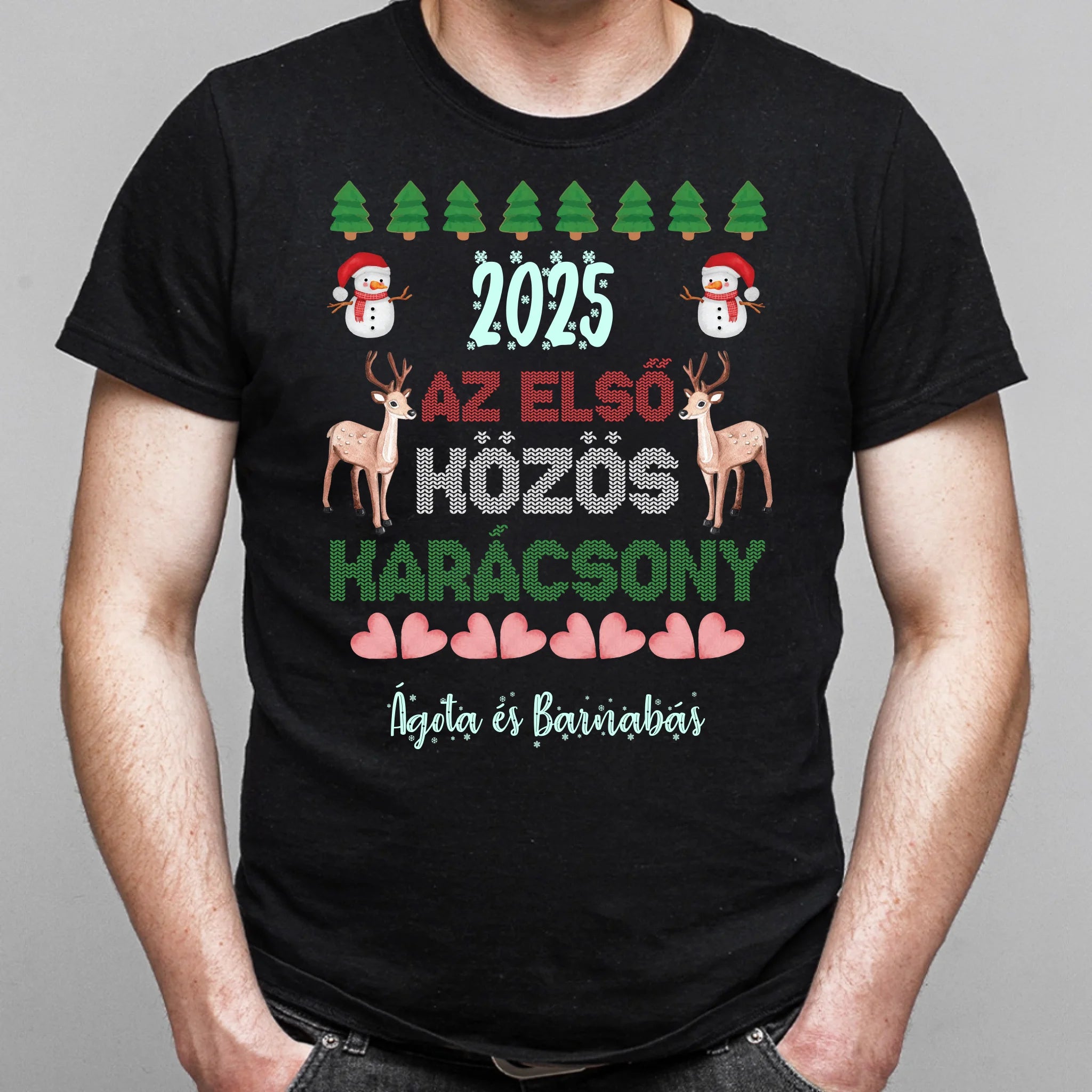 Az első közös karácsony szerkeszthető dátummal és névvel páros férfi póló