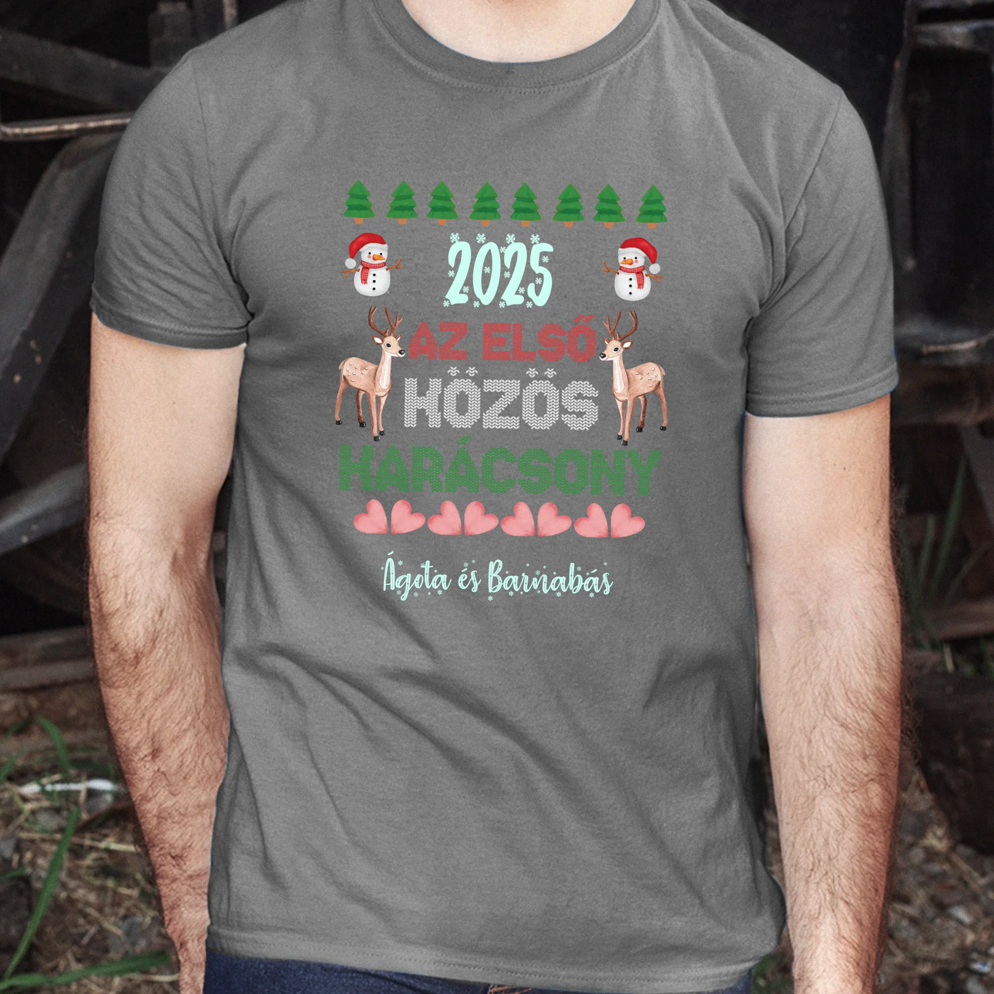 Az első közös karácsony szerkeszthető dátummal és névvel páros férfi póló