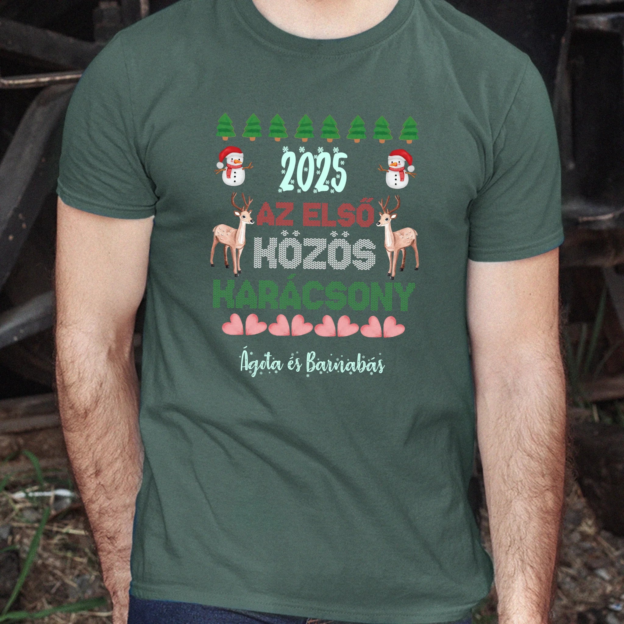 Az első közös karácsony szerkeszthető dátummal és névvel páros férfi póló