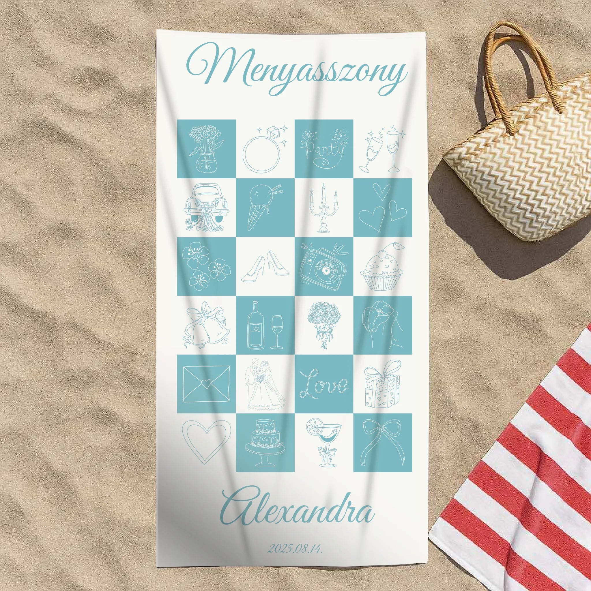 Egyedi törölköző lánybúcsúra – kockás mintával és felirattal