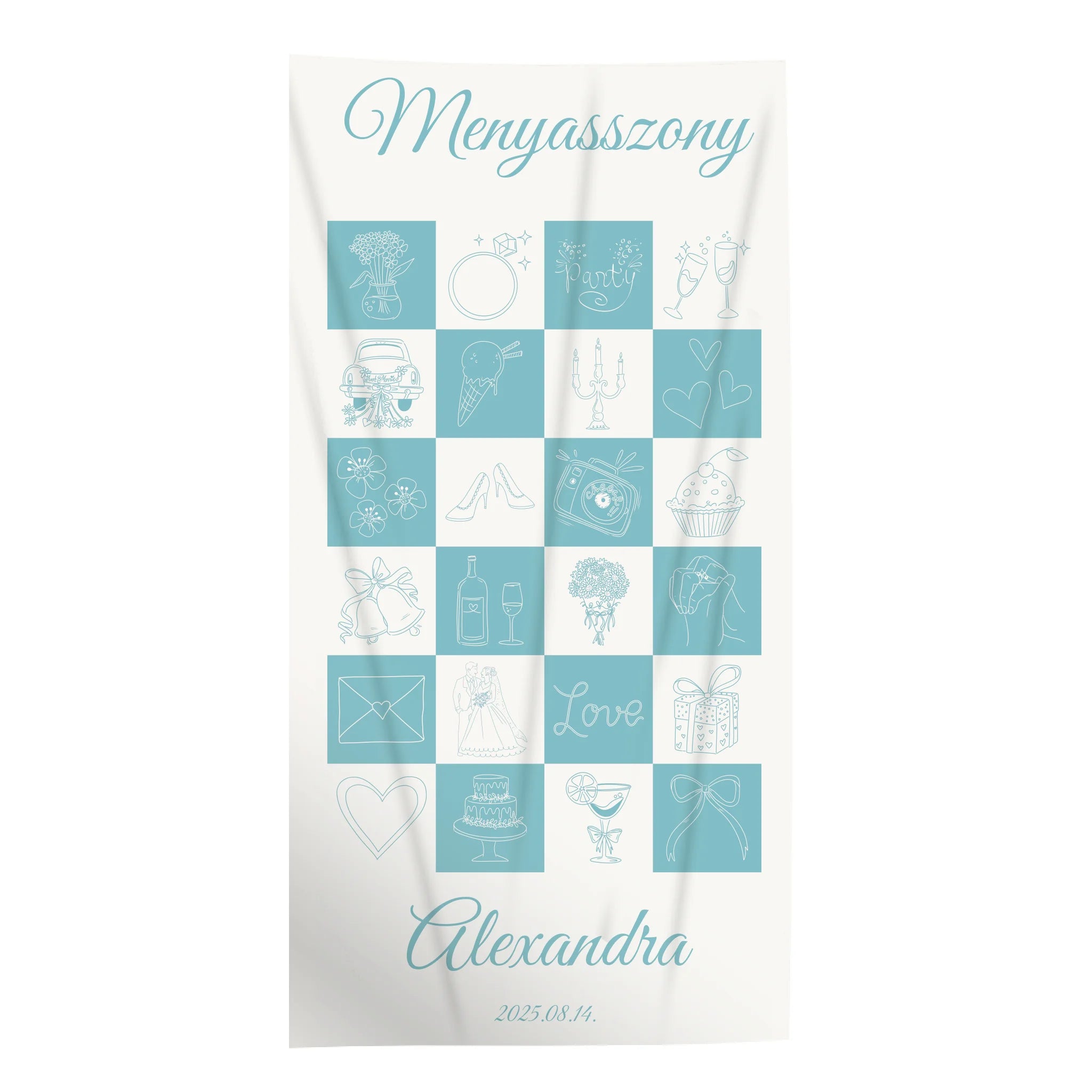 Egyedi törölköző lánybúcsúra – kockás mintával és felirattal