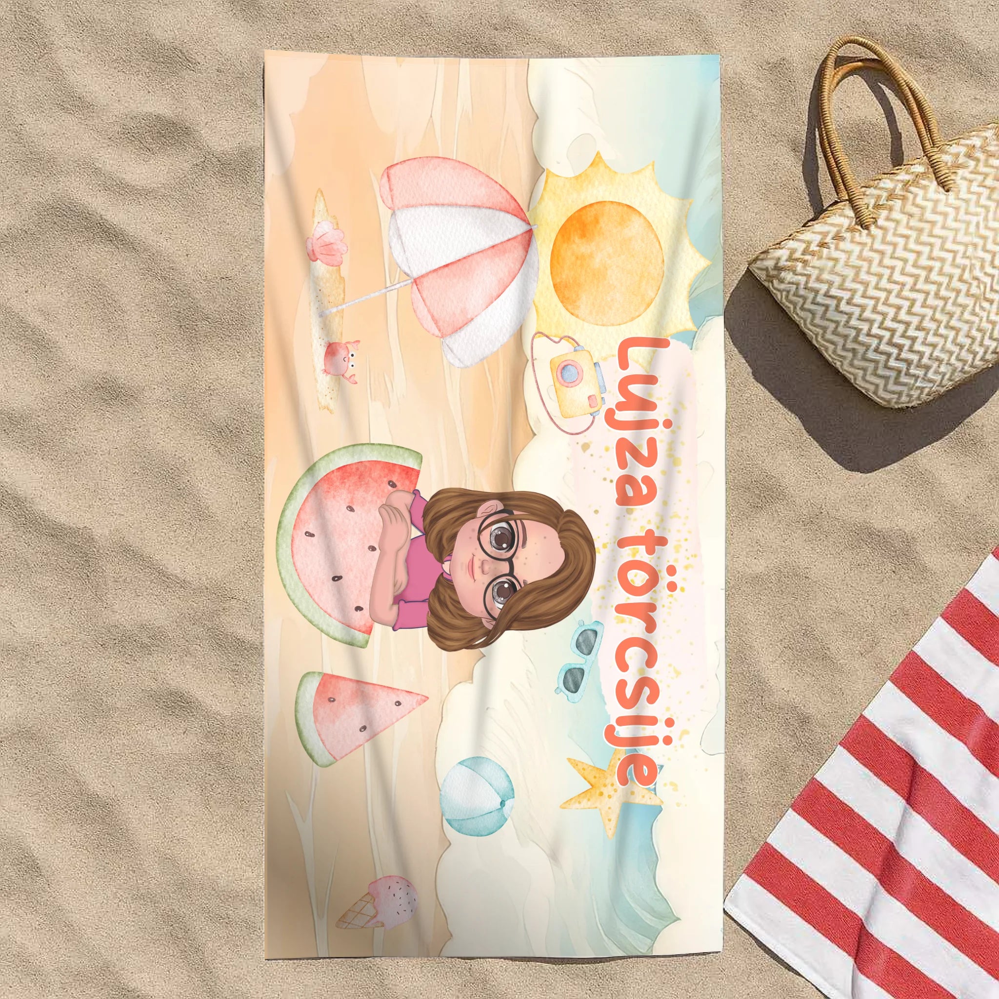 Egyedi feliratos törölköző gyerekeknek szerkeszthető karakteres mintával