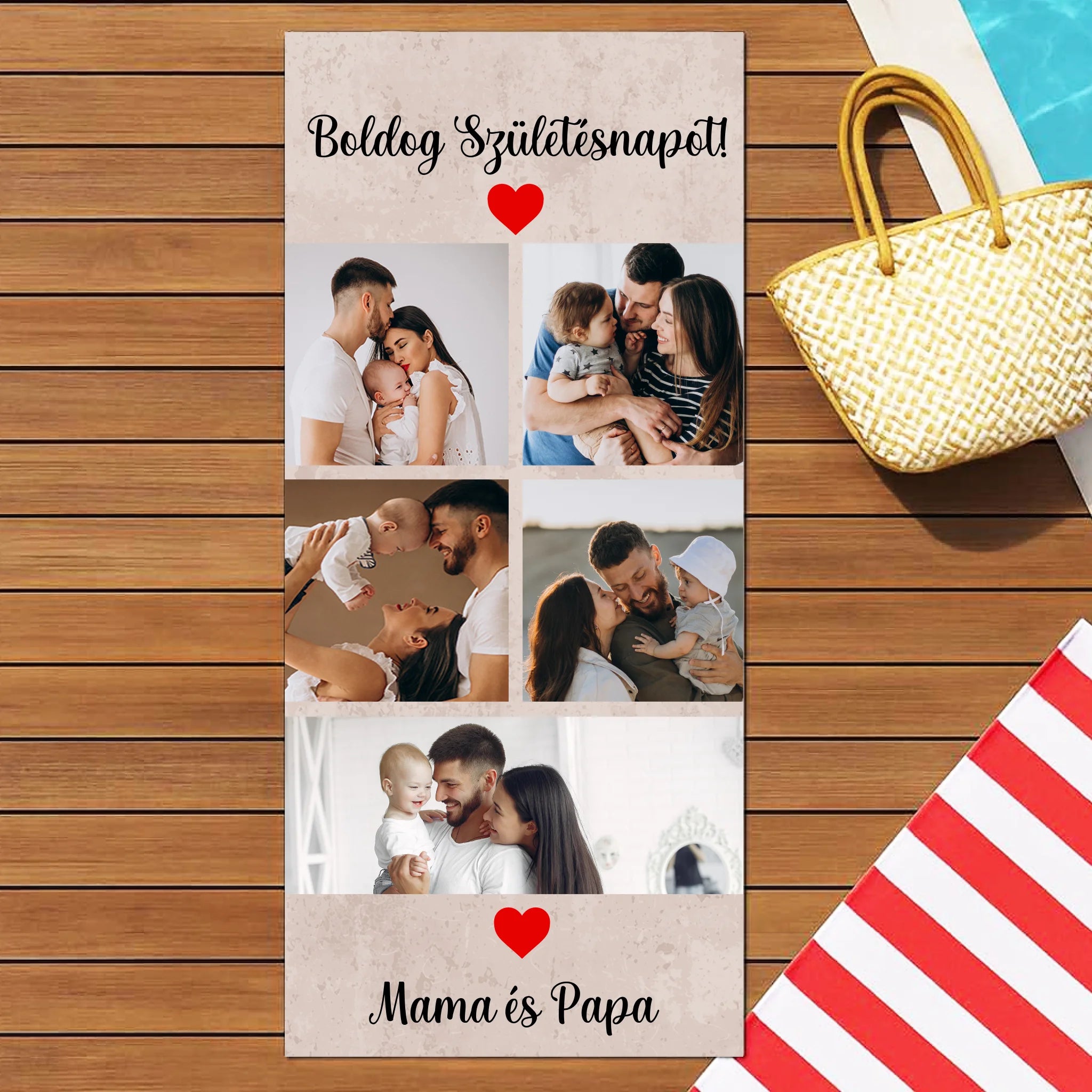 Egyedi 5 képes strandtörölköző szerkeszthető felirattal