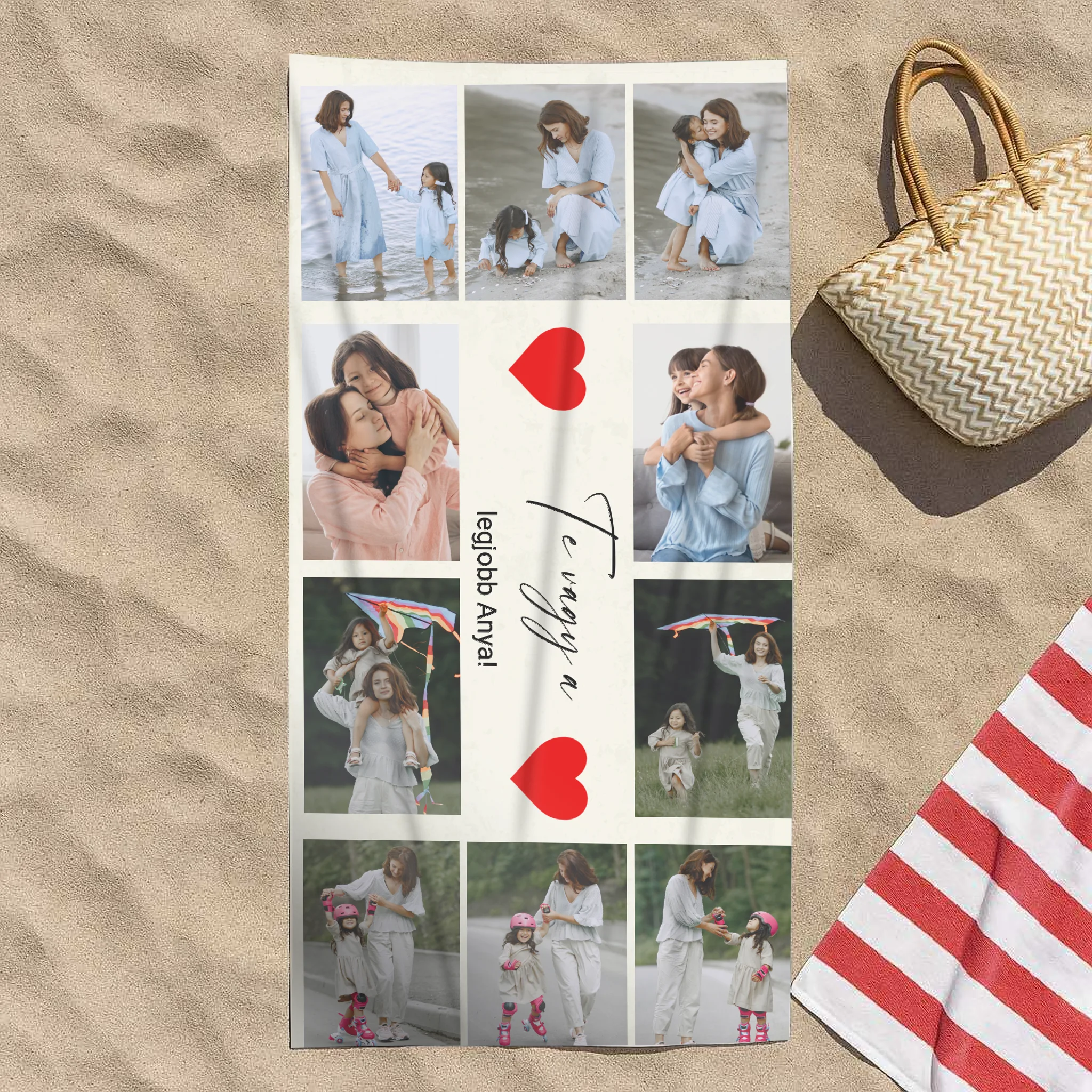 Egyedi 10 képes strandtörölköző szerkeszthető felirattal