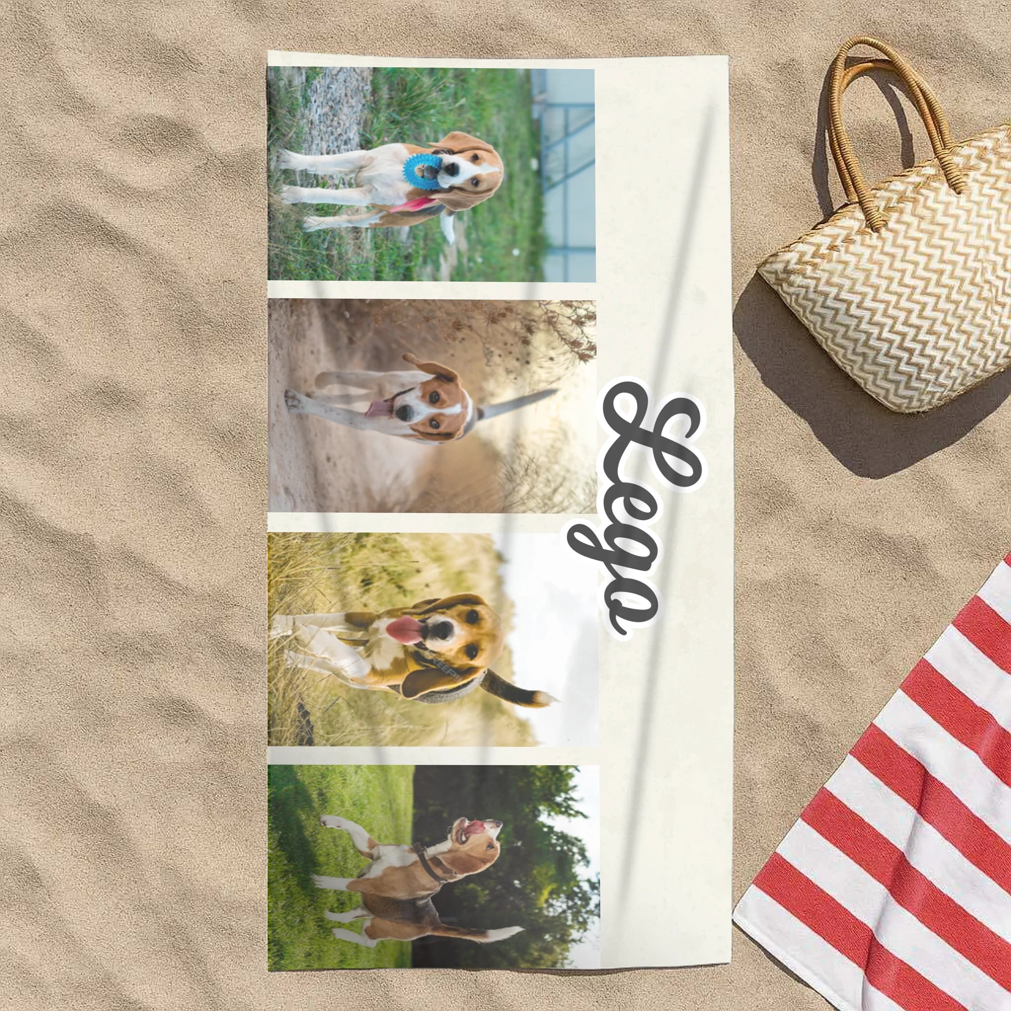 Egyedi 4 képes strandtörölköző kutyás gazdiknak szerkeszthető felirattal