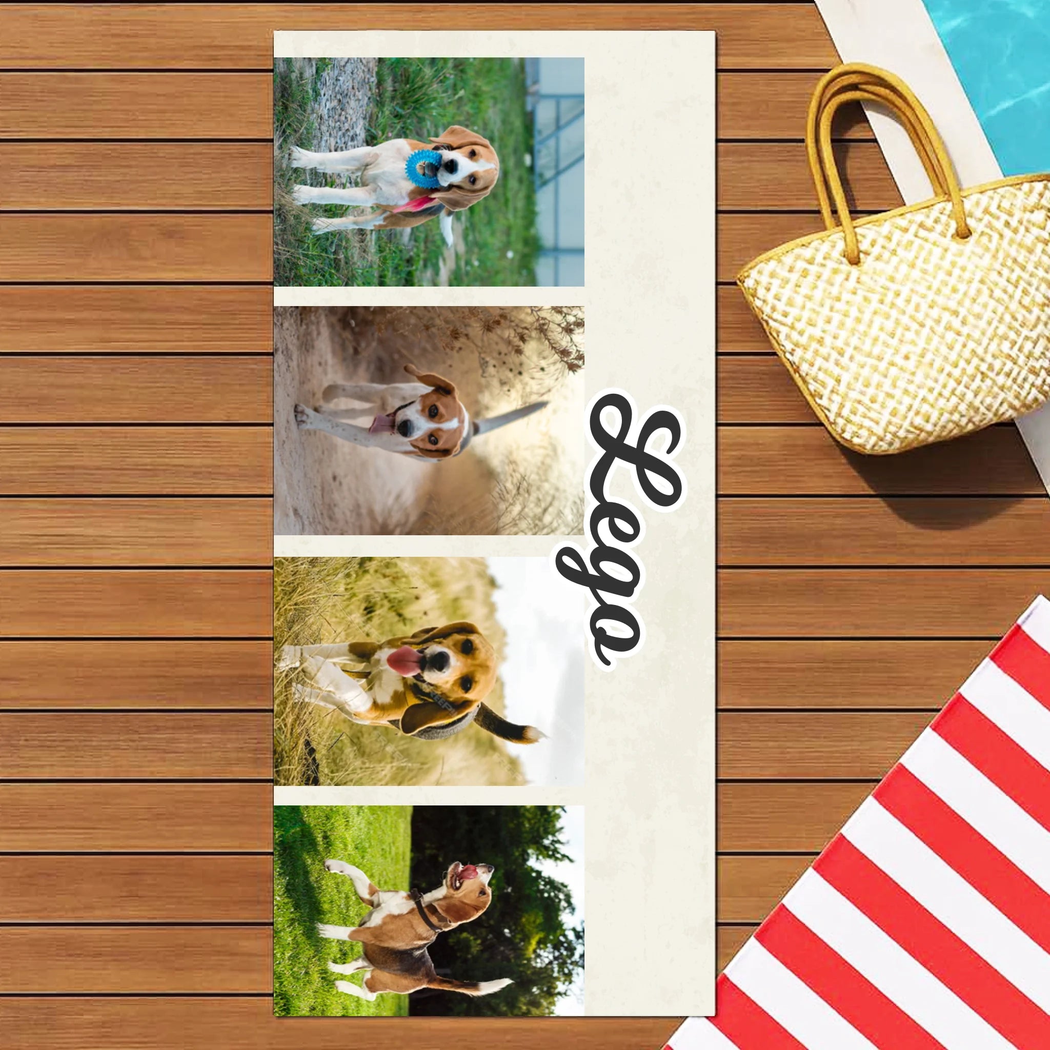 Egyedi 4 képes strandtörölköző kutyás gazdiknak szerkeszthető felirattal