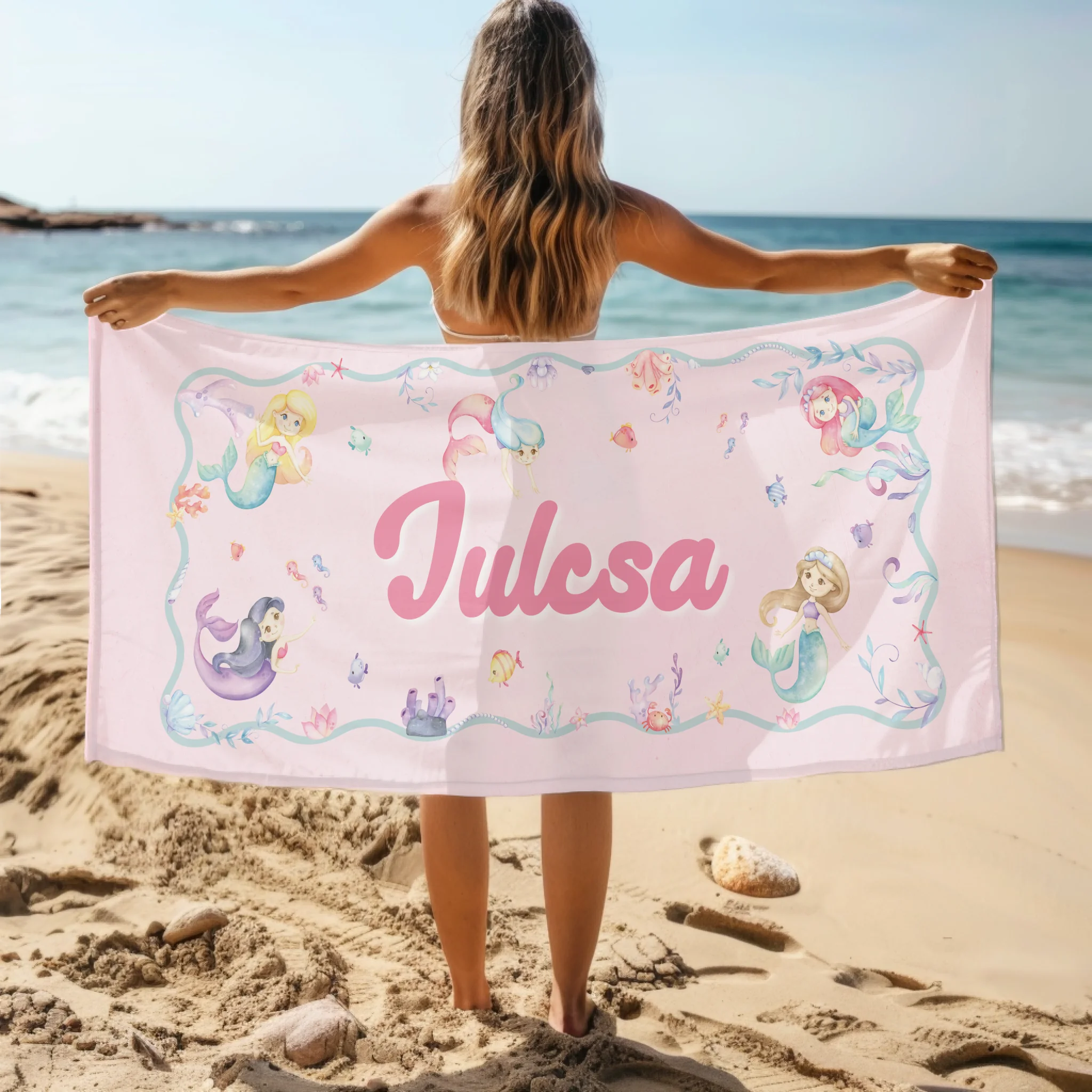 Sellős strandtörölköző névvel - egyedi ajándék gyerekeknek