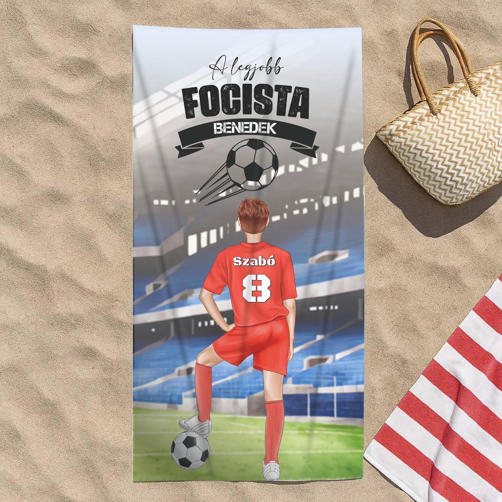 Szerkeszthető karakteres egyedi törölköző fiú focistáknak