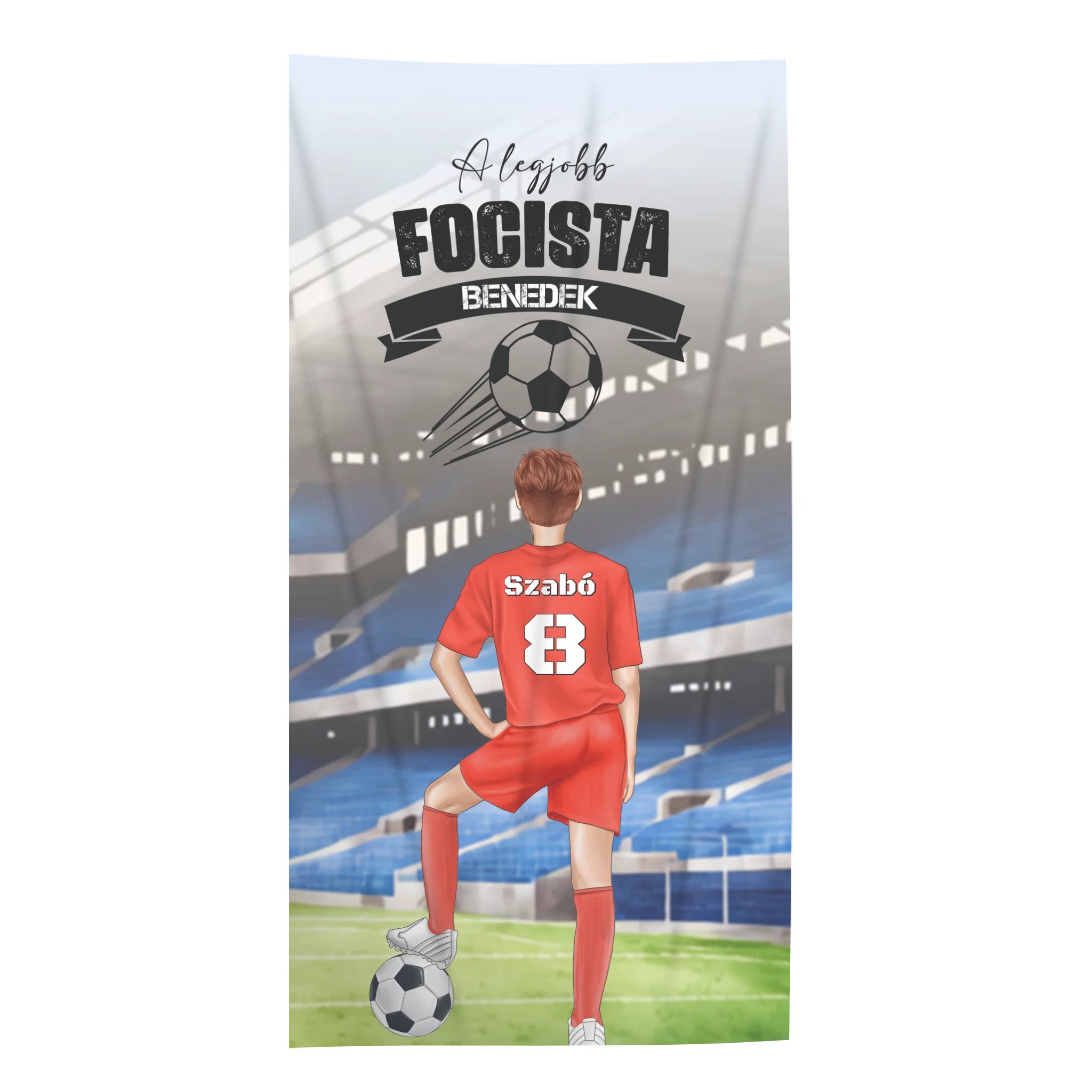 Szerkeszthető karakteres egyedi törölköző fiú focistáknak