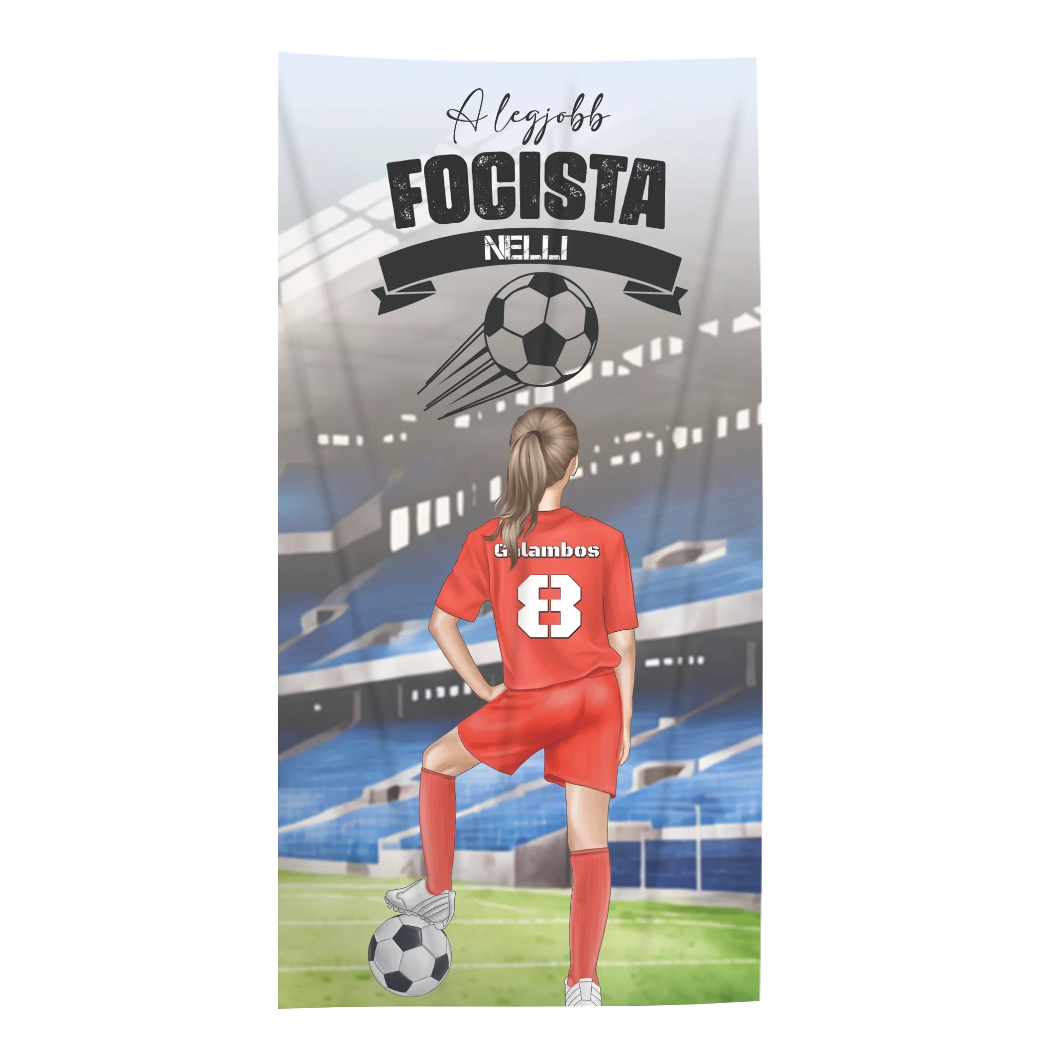 Szerkeszthető karakteres egyedi törölköző lány focistáknak